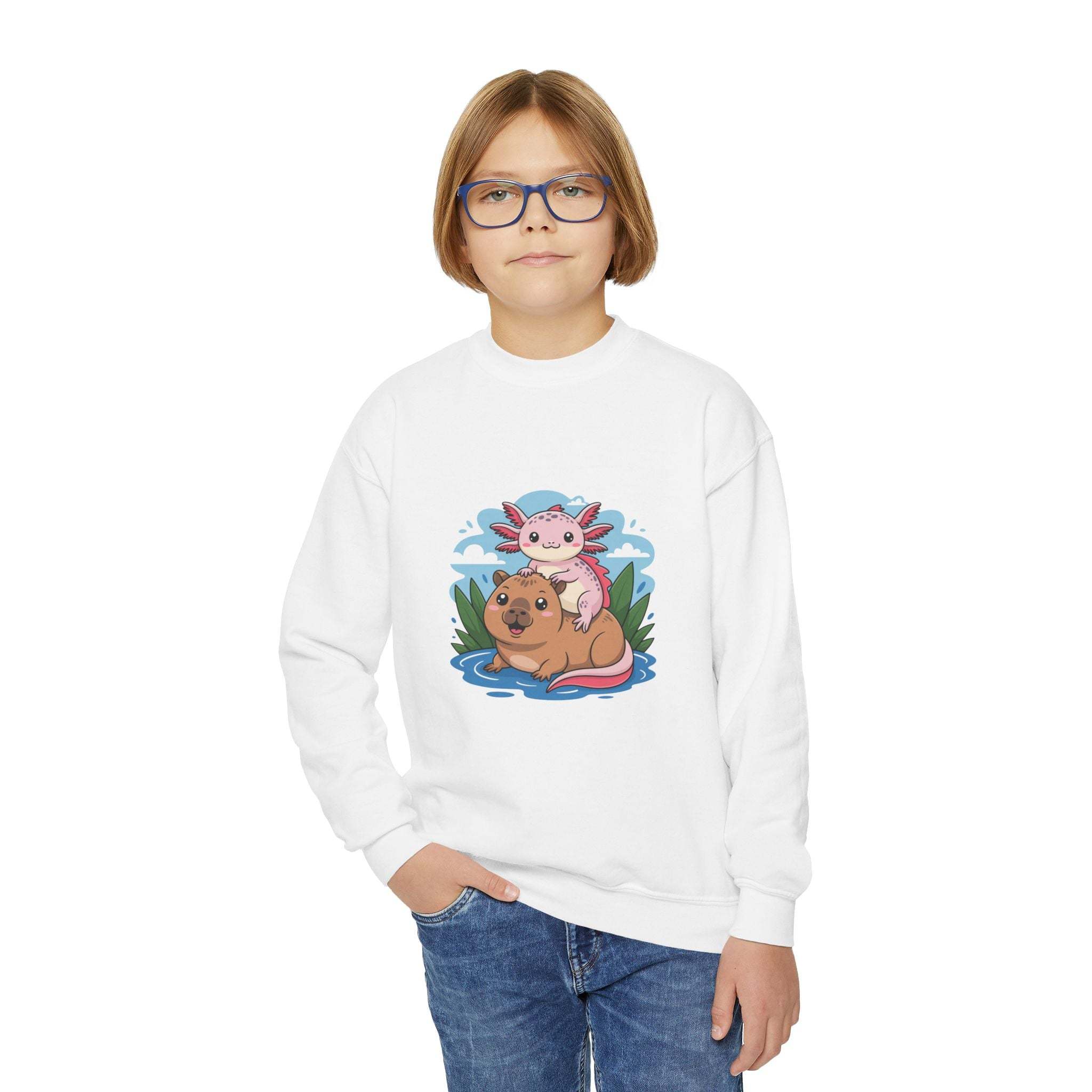 Youth crewneck sweatshirt featuring a playful axolotl on capybara design in soft white fabric