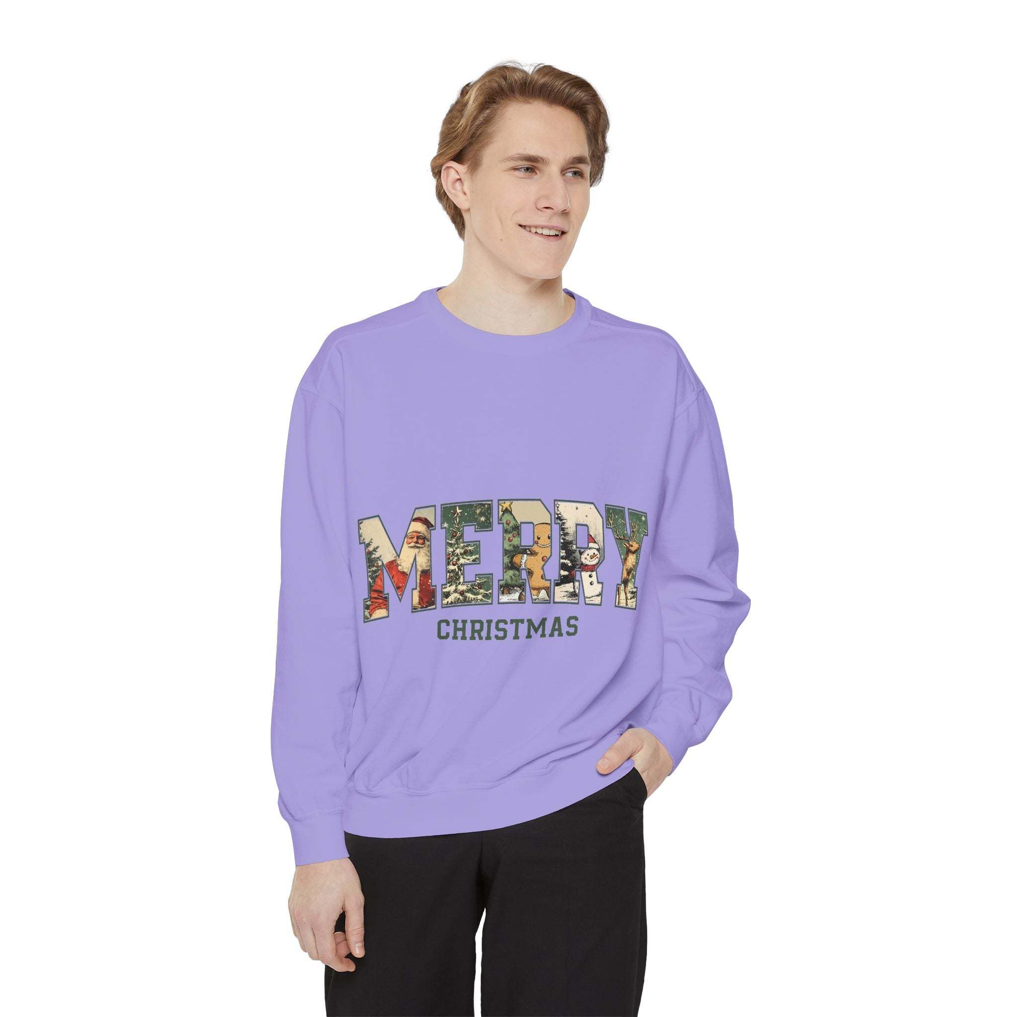 Man wearing lavender Vintage Varsity Merry Christmas sweatshirt with holiday-themed lettering and relaxed fit