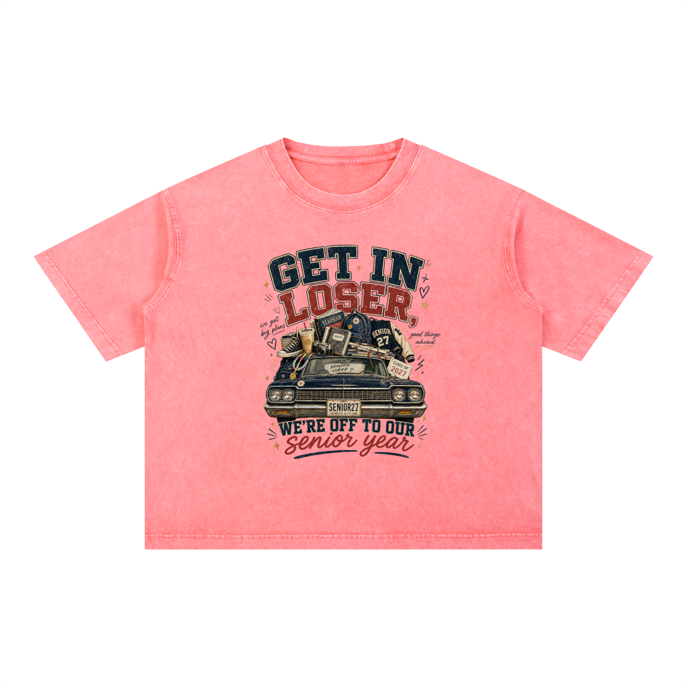 Mineral wash oversized boxy cotton t-shirt with retro senior year 2027 graphic design