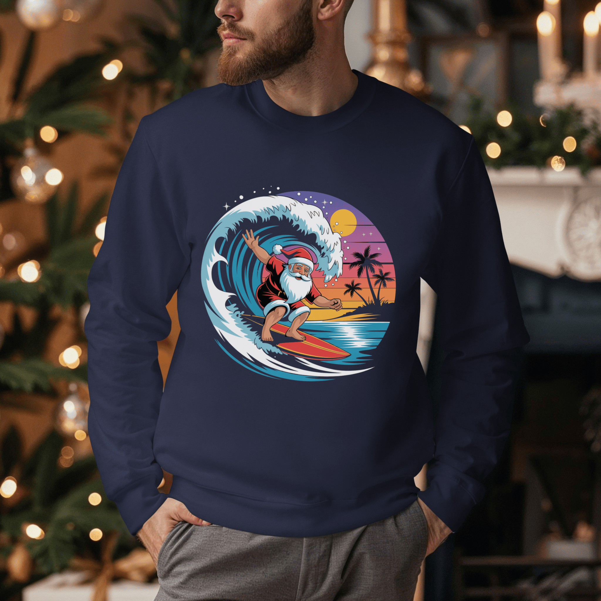 Surfing Santa Sweatshirt with embroidered surfing Santa design, cozy fleece fabric, and relaxed fit for coastal holiday style