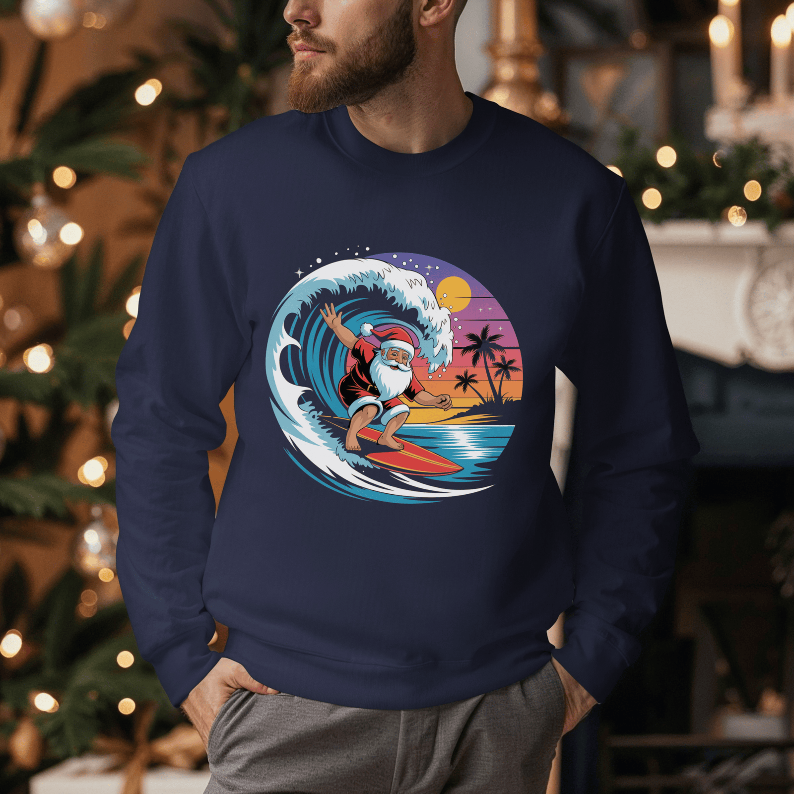 Surfing Santa Sweatshirt featuring embroidered surfing Santa design, cozy and relaxed coastal holiday style.