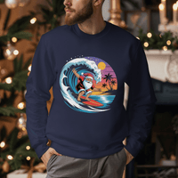 Surfing Santa Sweatshirt featuring embroidered surfing Santa design, cozy and relaxed coastal holiday style.