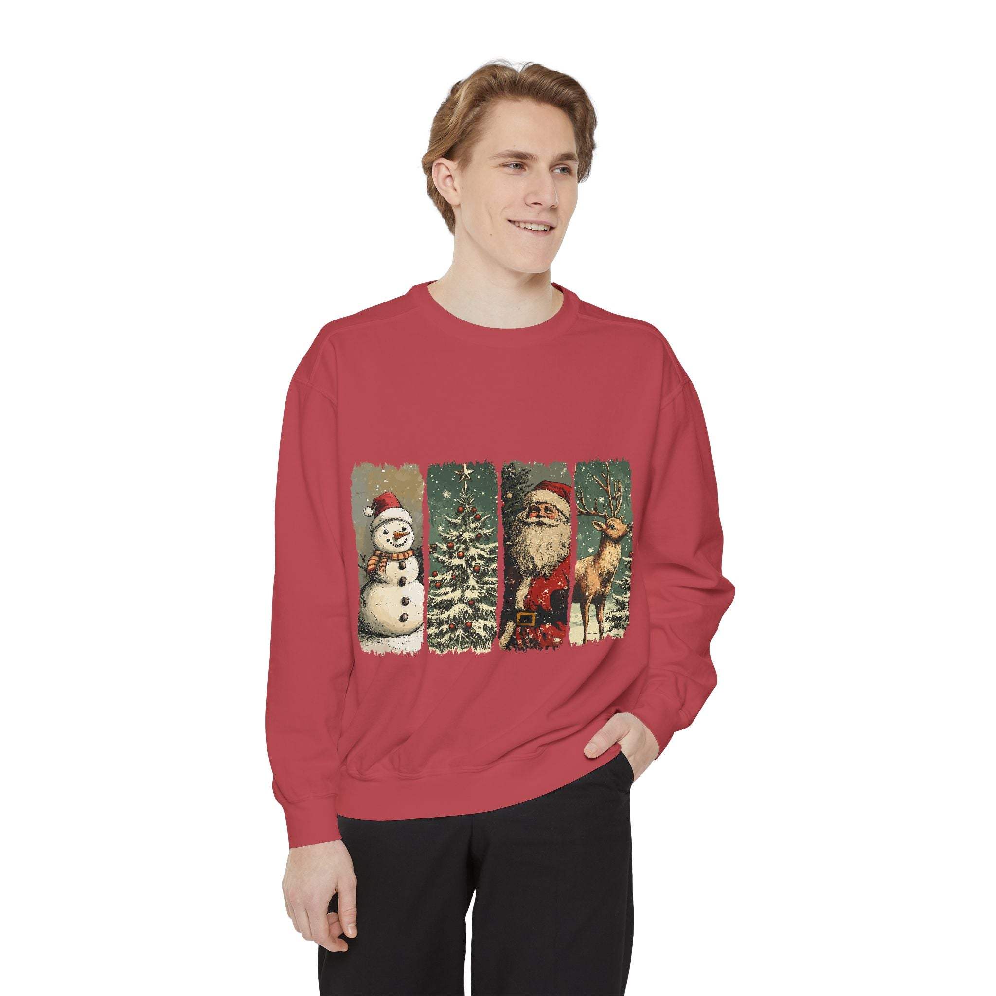 Man wearing a vintage Christmas sweatshirt with watercolor swatch holiday designs including snowman, tree, Santa, and reindeer