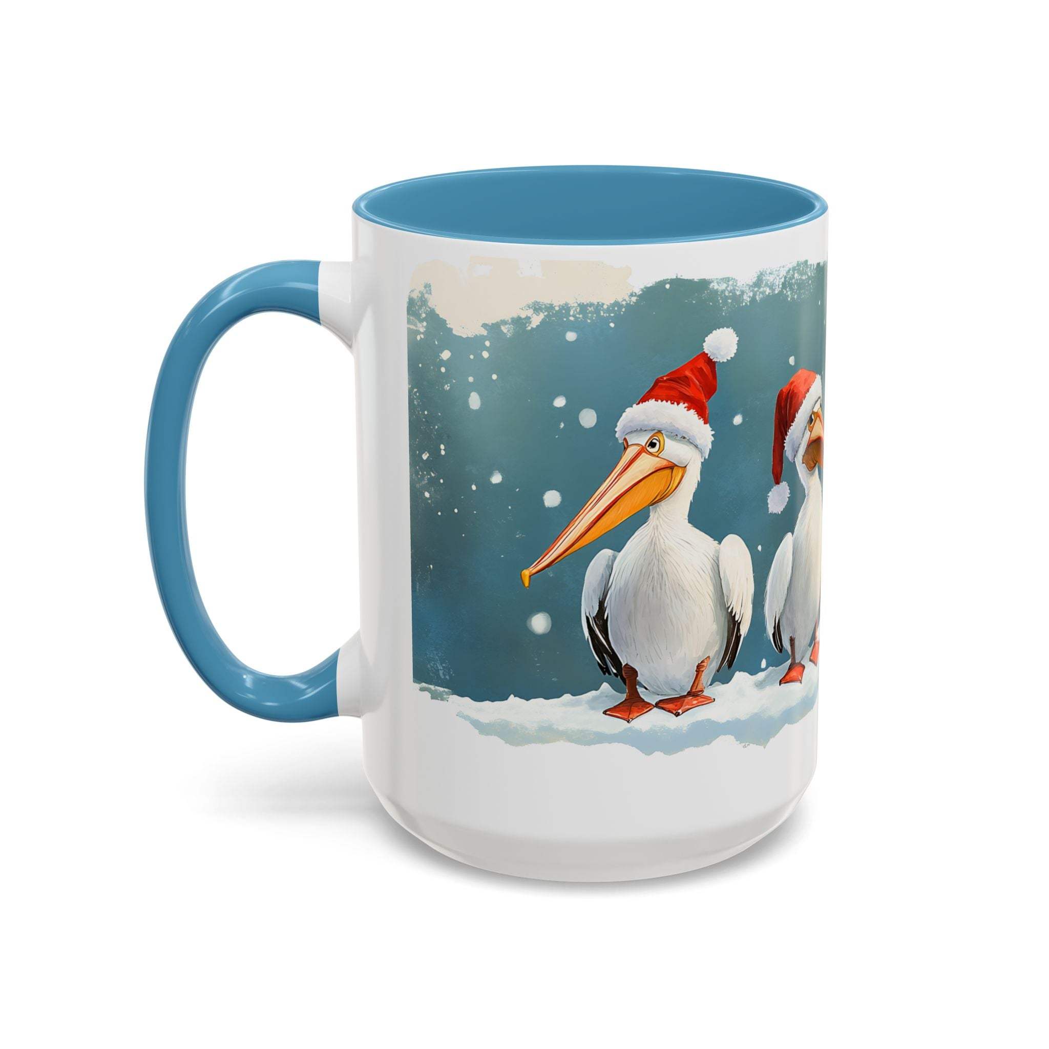 Mug with Christmas design featuring two pelicans wearing Santa hats on a snowy background.