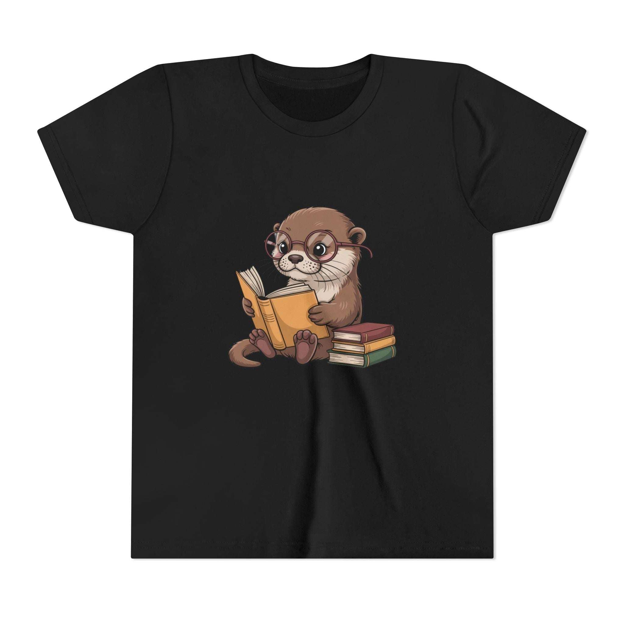 Black t-shirt with an otter reading a book graphic on a white background