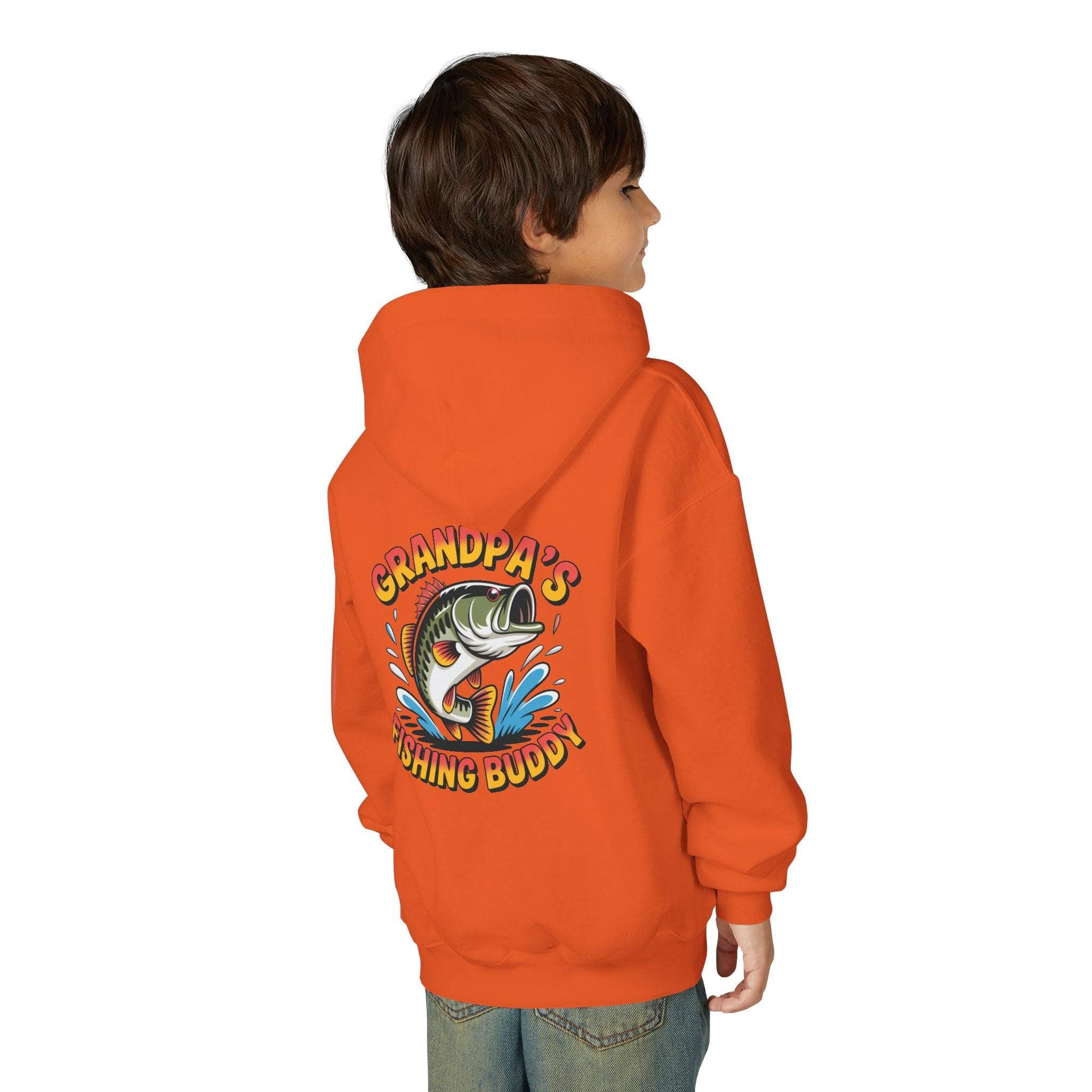 Youth hooded sweatshirt with embroidered Grandpas Fishing Buddy design and pouch pocket