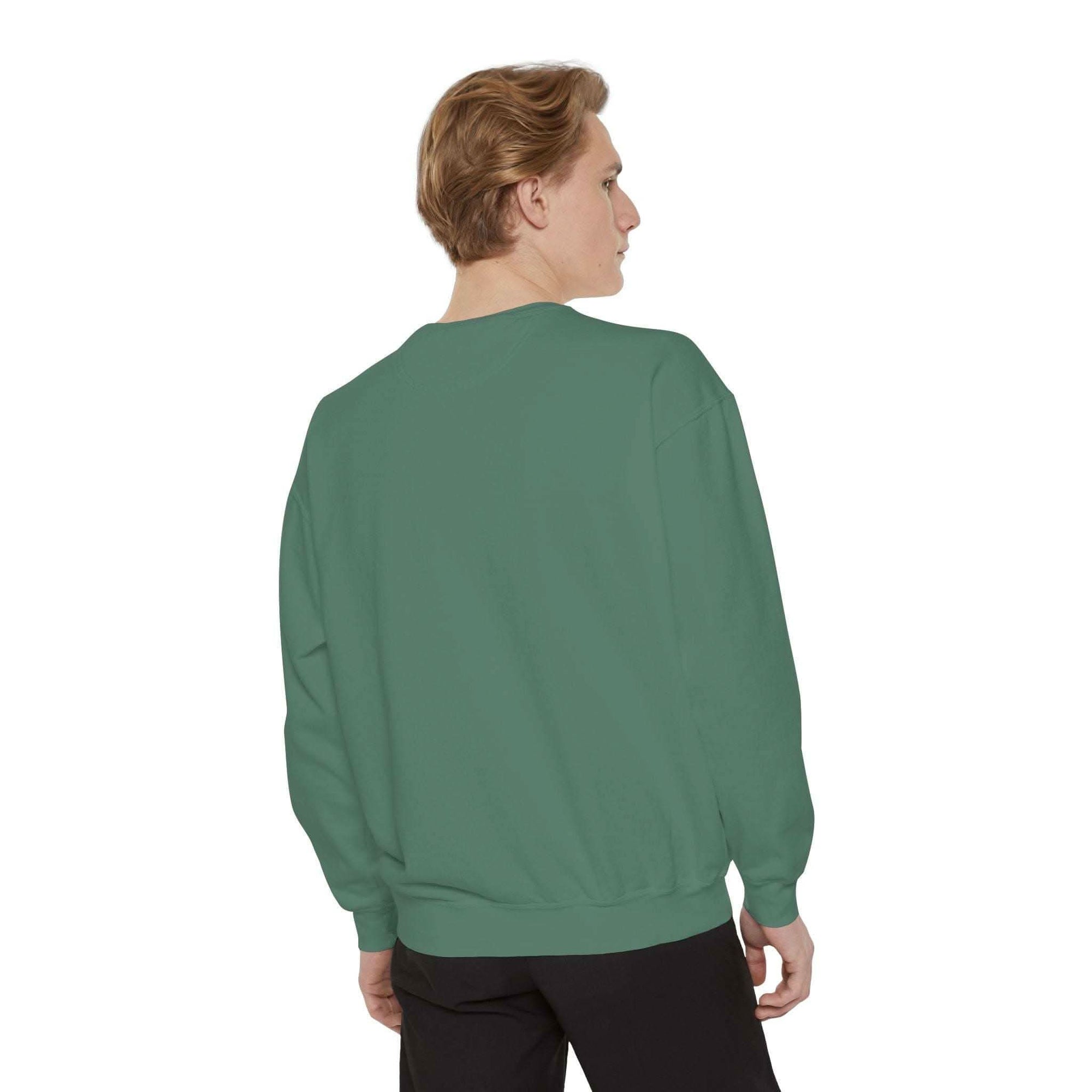 White garment-dyed sweatshirt featuring festive Christmas lights design by Printify