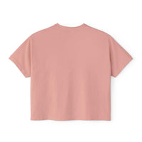 Back view of women's boxy tee in soft pink color, casual loose fit shirt