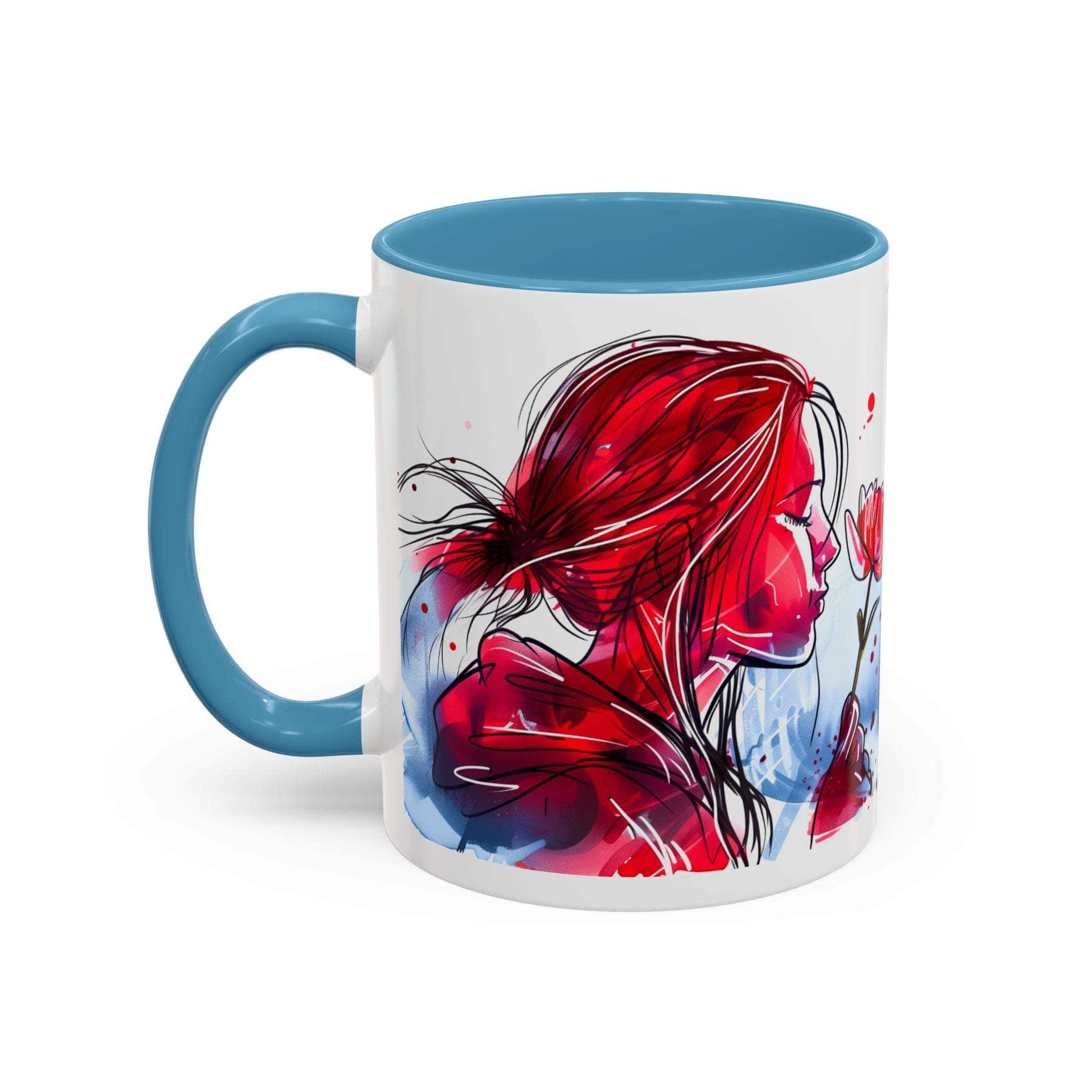 Mug with artistic design of a face with red hair on a white background