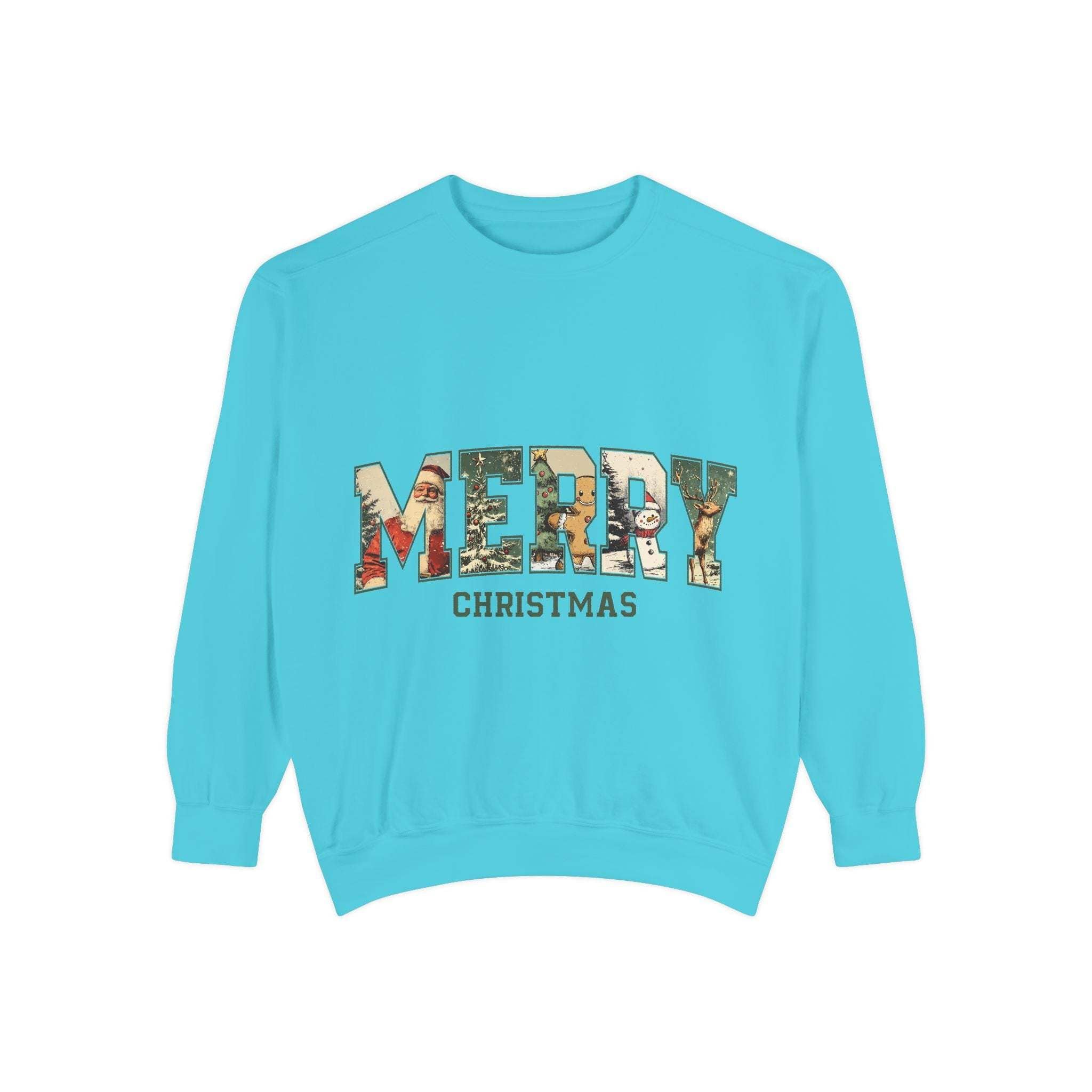 Vintage Varsity Merry Christmas sweatshirt in blue with cozy holiday design and soft cotton blend fabric