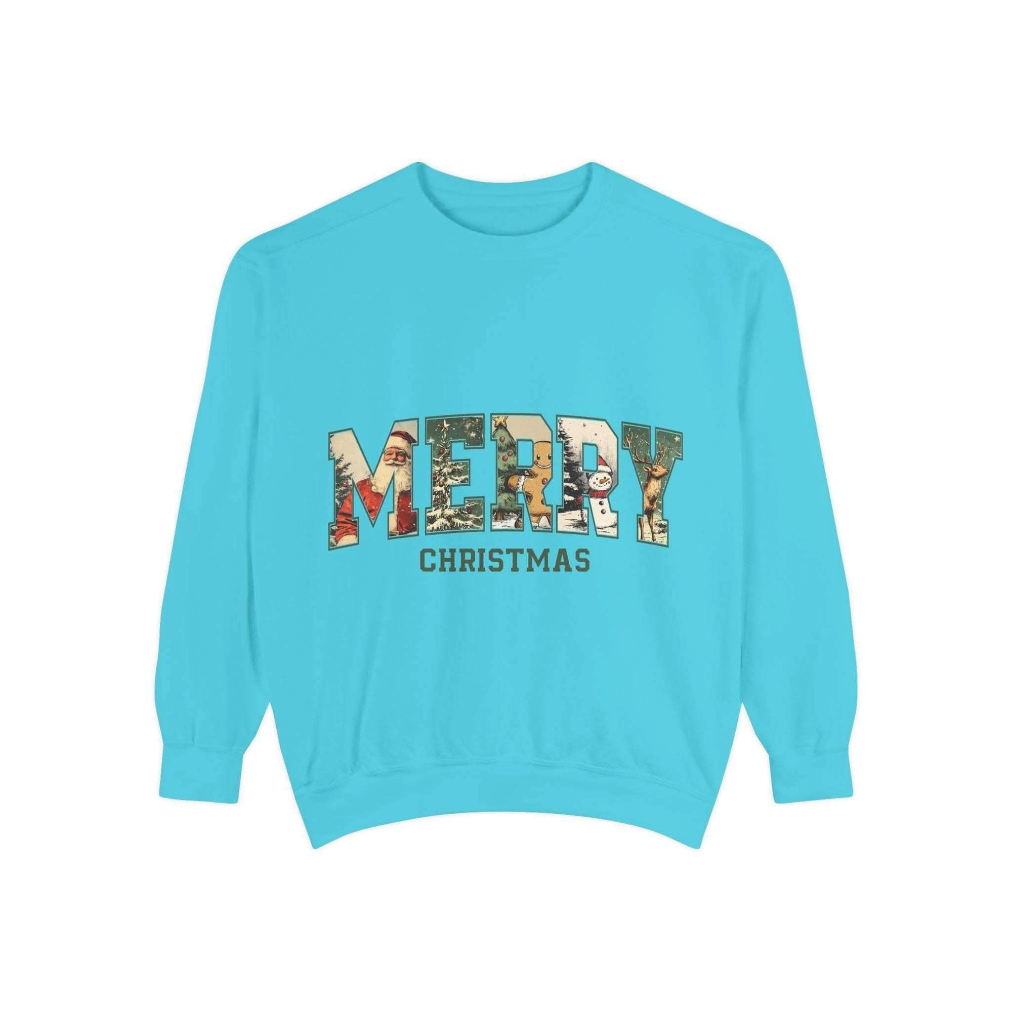 Vintage Varsity Merry Christmas sweatshirt in blue with cozy holiday design and soft cotton blend fabric