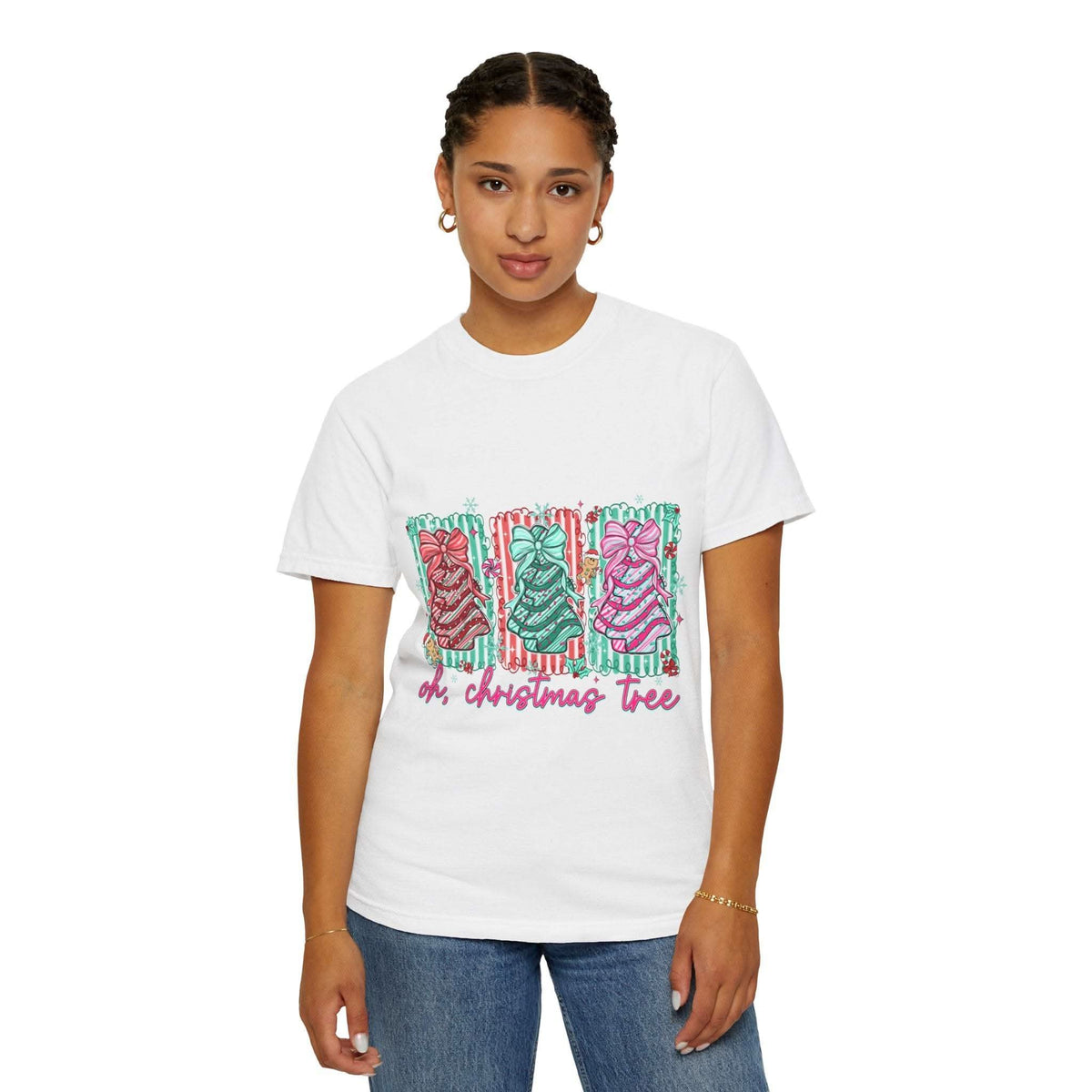 Oh Christmas Tree T-shirt with colorful decorated Christmas trees on cream garment-dyed fabric