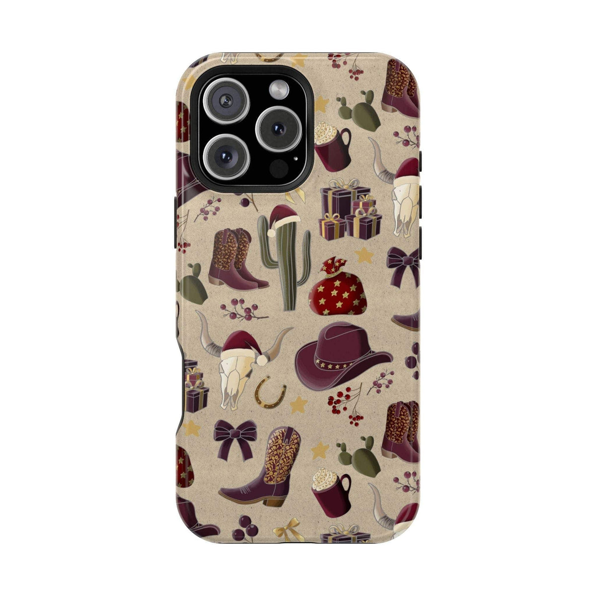 Cowboy Christmas design phone case for iPhone 17 in glossy finish by Printify, featuring festive colors and patterns.