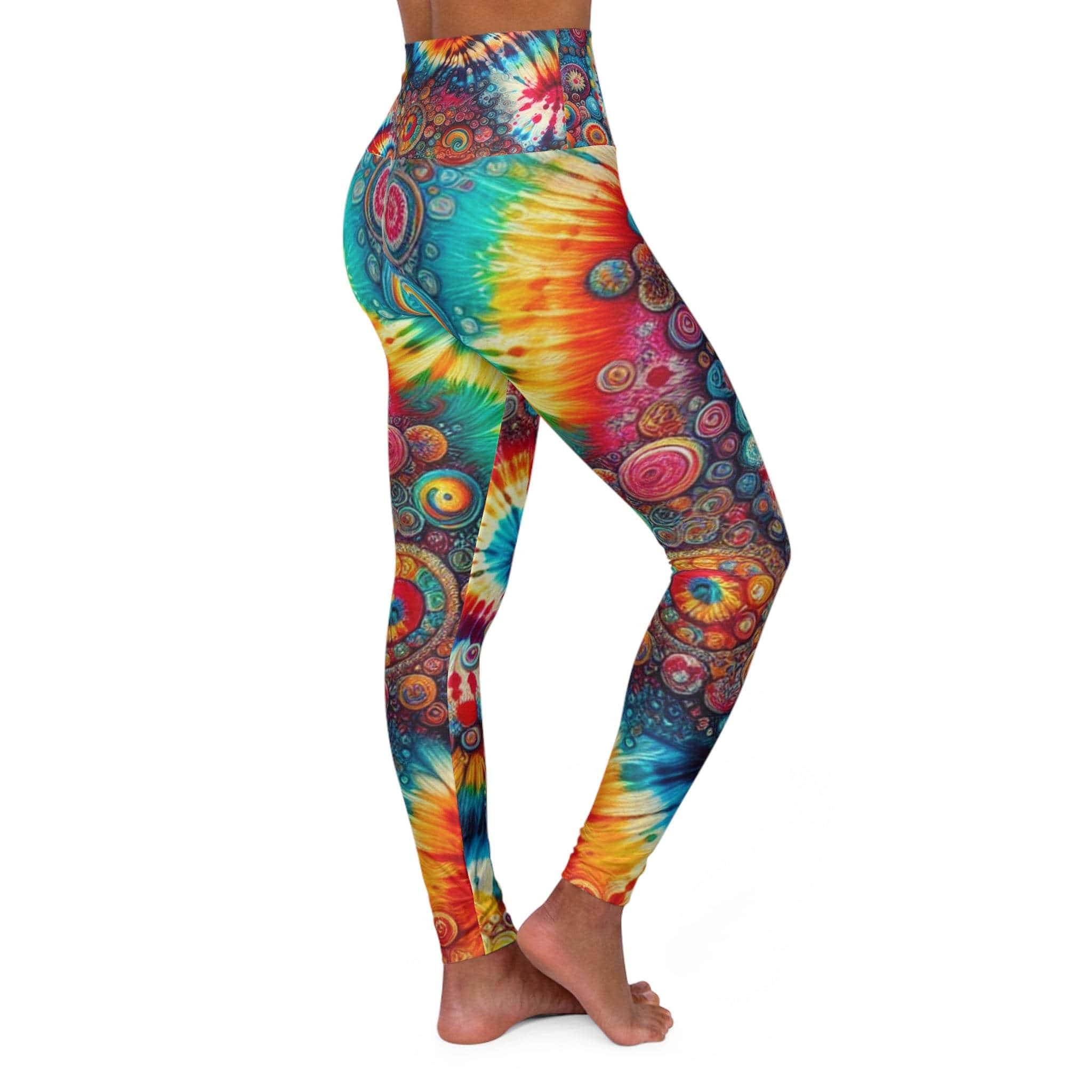 Rainbow tie-dye high-waisted leggings in all-over print from Printify, ideal for activewear and festival wear.