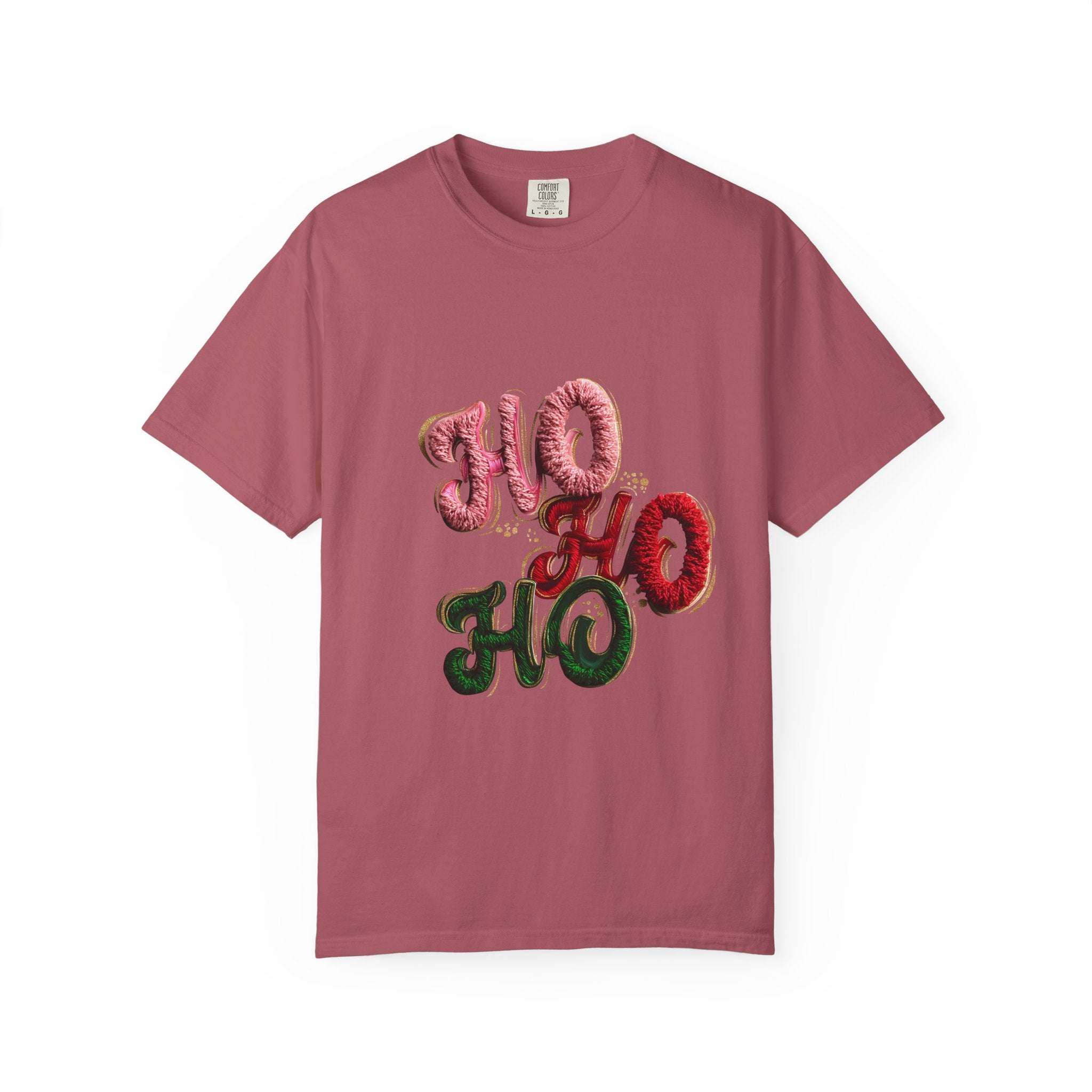 White Christmas graphic tee featuring faux puffy crochet 'Ho, Ho, Ho' design by Printify