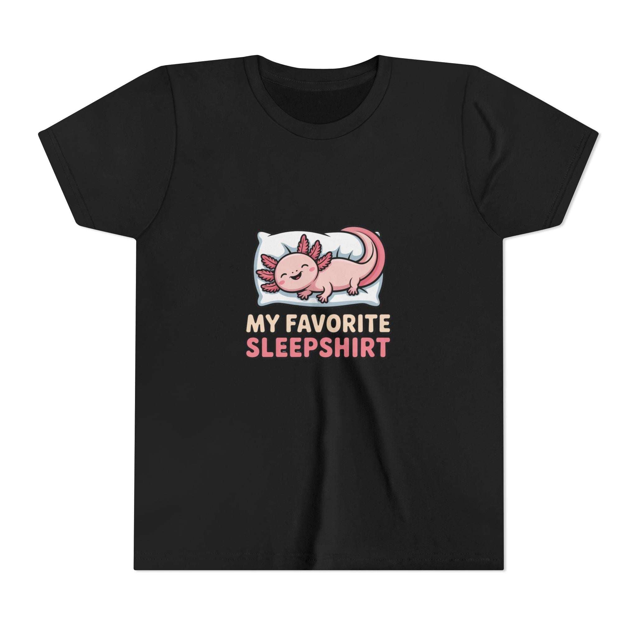 Black t-shirt with axolotl graphic and text 'My Favorite Sleepshirt' on a white background