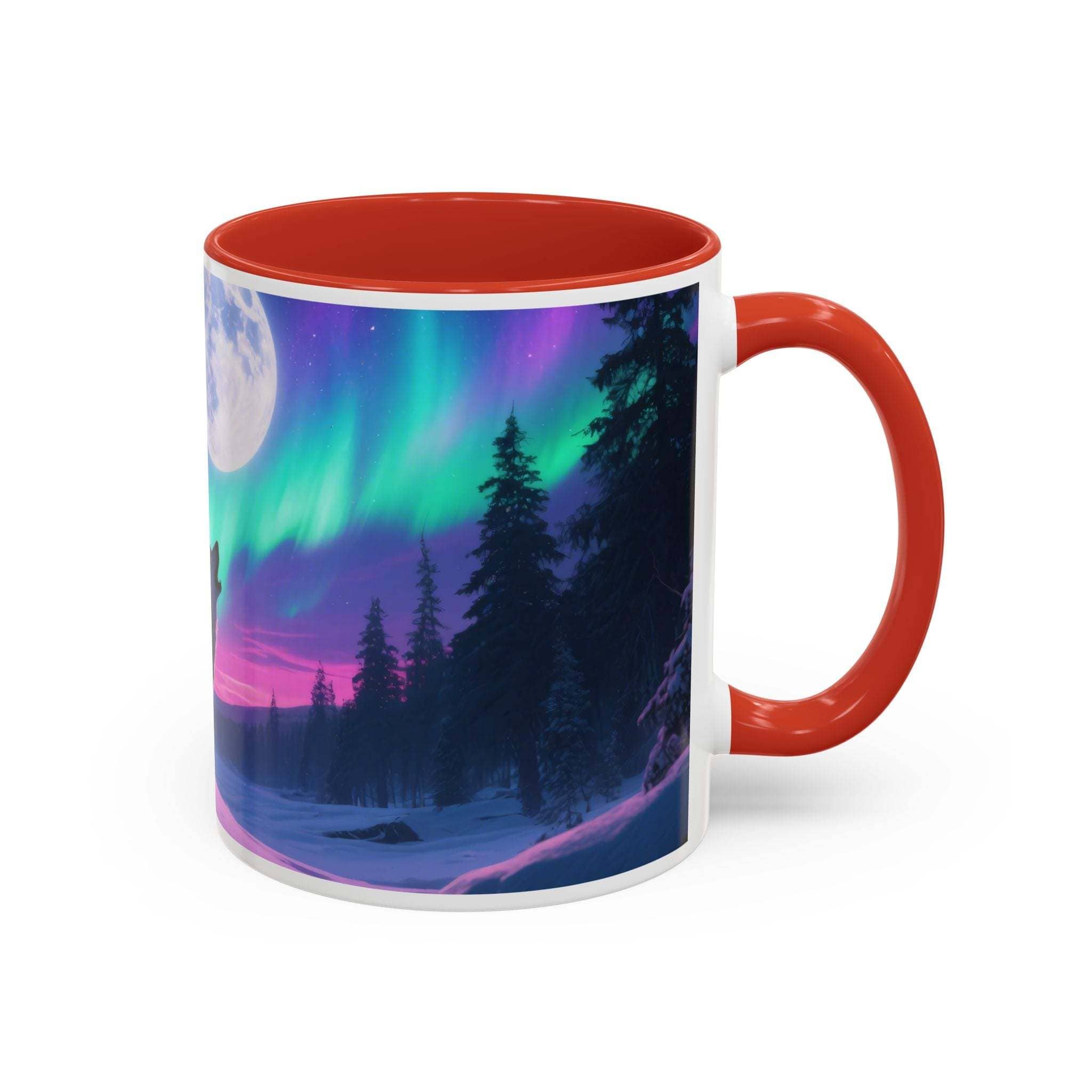 Howling Wolf Aurora Mug with northern lights and wolf silhouette, red handle and interior, ceramic coffee cup
