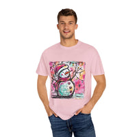 White unisex t-shirt featuring colorful disco ball snowman design, perfect for Christmas and dance parties by Printify