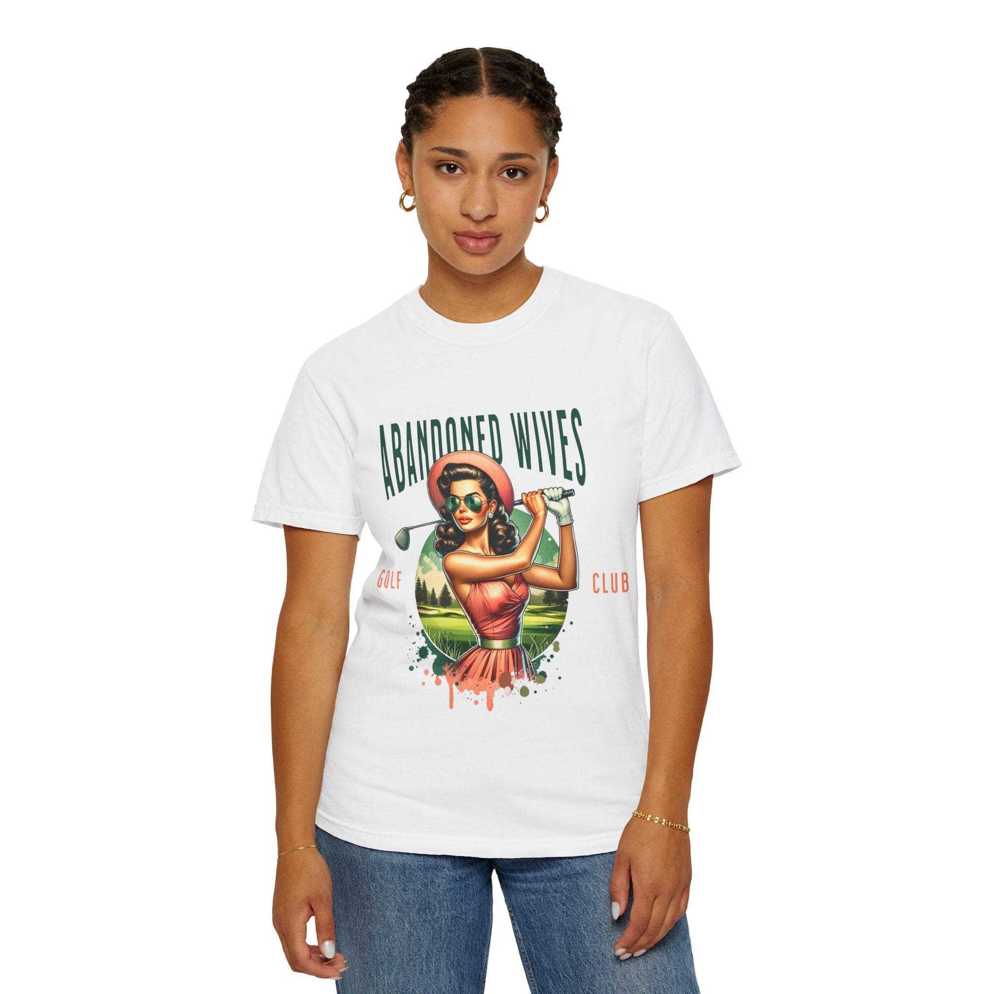 Vintage unisex white T-shirt with humorous Abandoned Wives Golf Club graphic design worn by woman