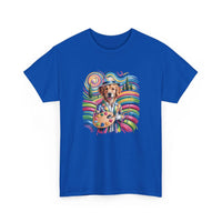 Golden retriever artist dog wearing beret and holding paint palette on colorful artist dog t-shirt with rainbow swirls