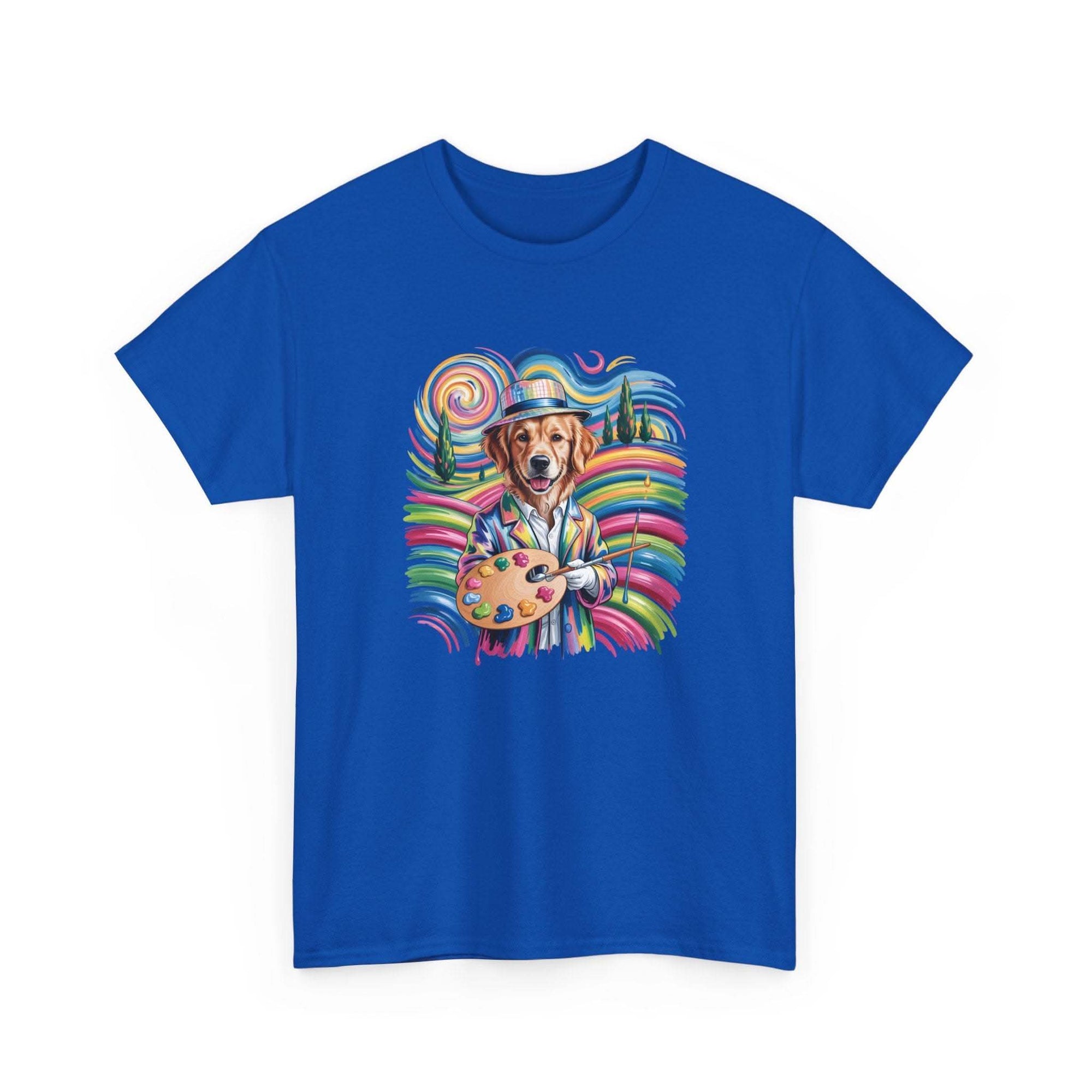 Golden retriever artist dog wearing beret and holding paint palette on colorful artist dog t-shirt with rainbow swirls