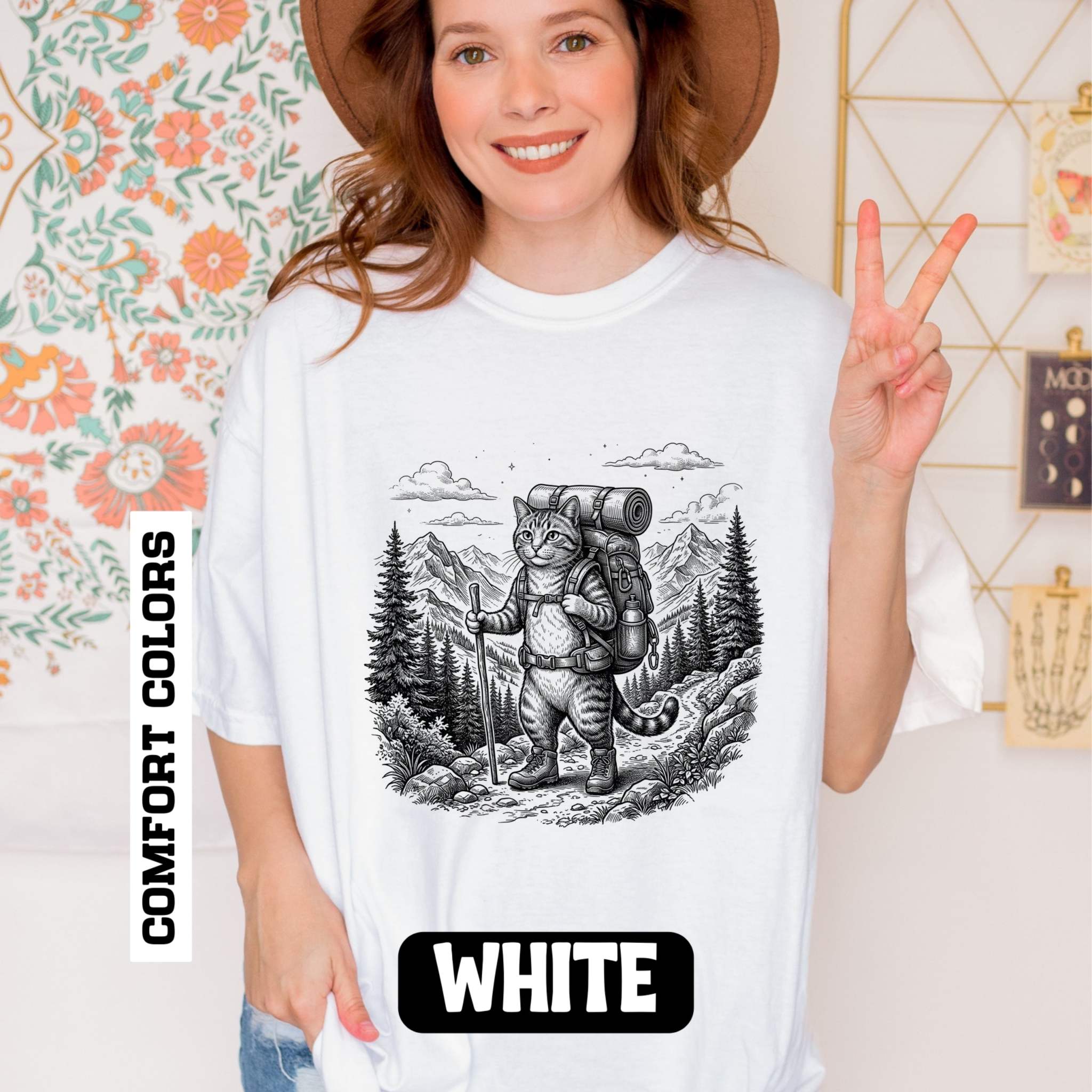 Cat Hiker Illustration T-shirt | Mountain Camping Adventure, Forest Sketch