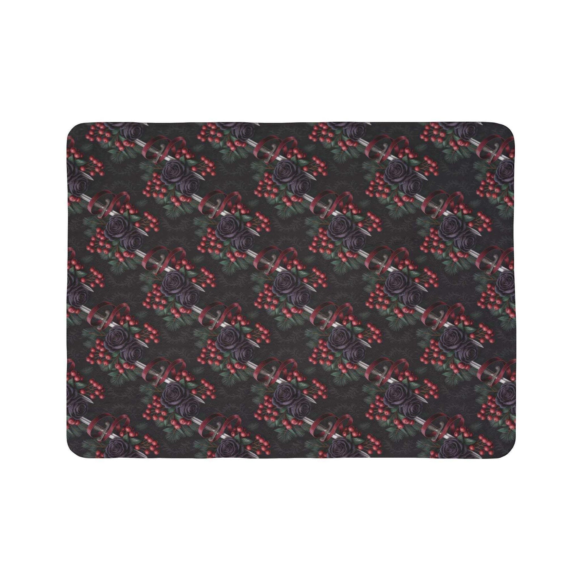 Gothmas Black Roses & Daggers fleece sherpa blanket with black roses, red berries, and dagger motifs on a dark background