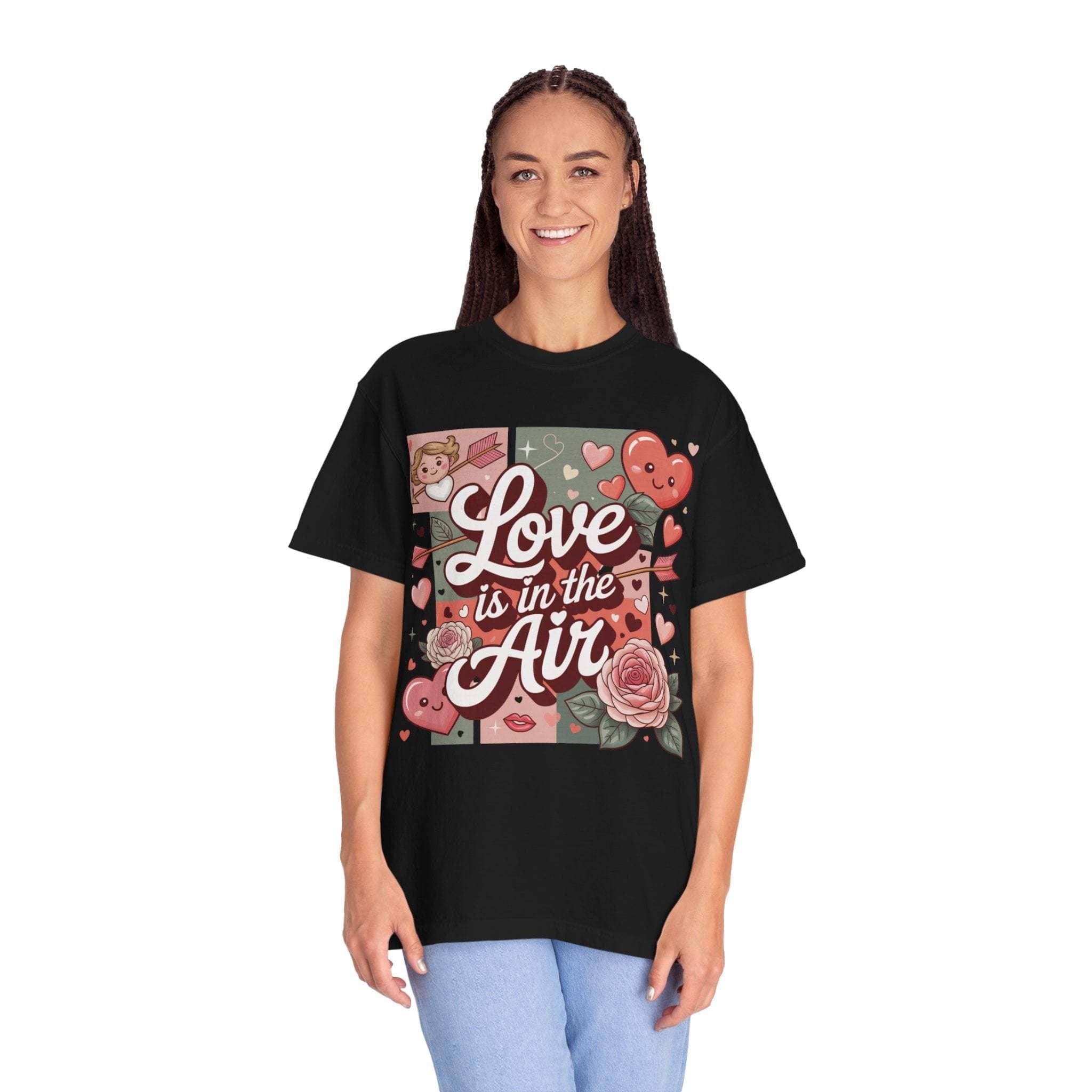 Valentine's T-shirt with "Love Is in the Air" heart collage in vintage washed style