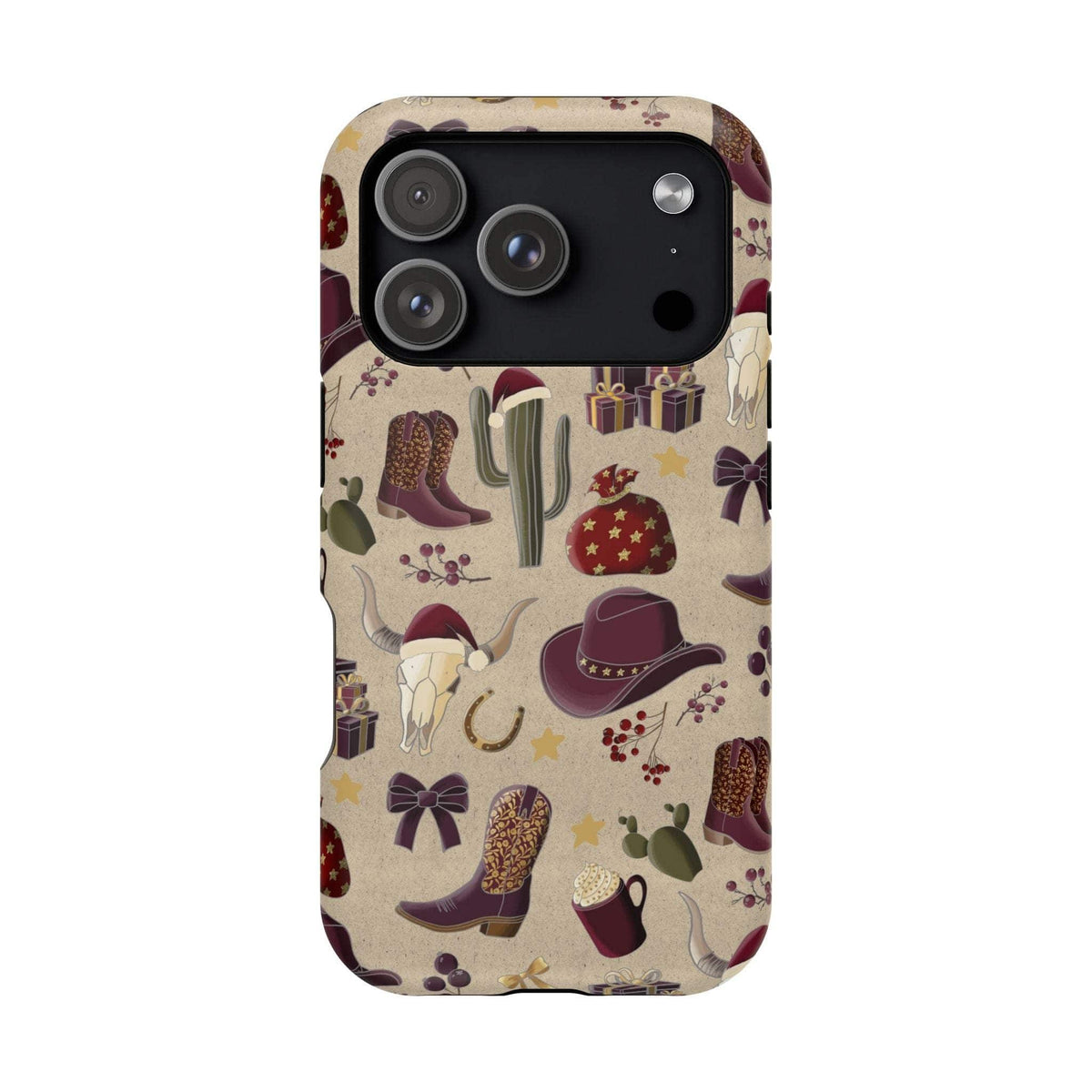 Cowboy Christmas design phone case for iPhone 17 in glossy finish by Printify, featuring festive colors and patterns.