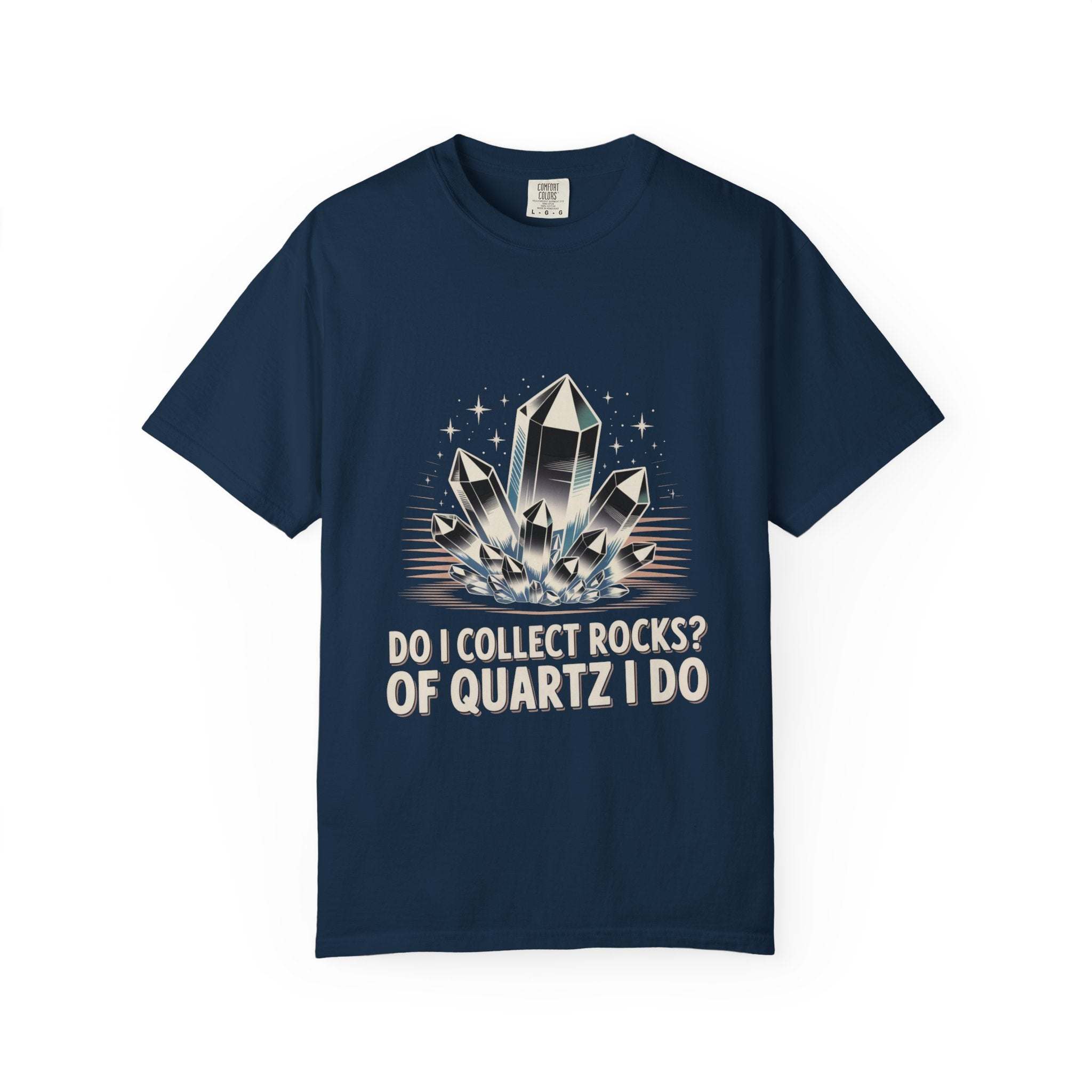 Navy blue t-shirt with quartz crystal graphic and text on a white background