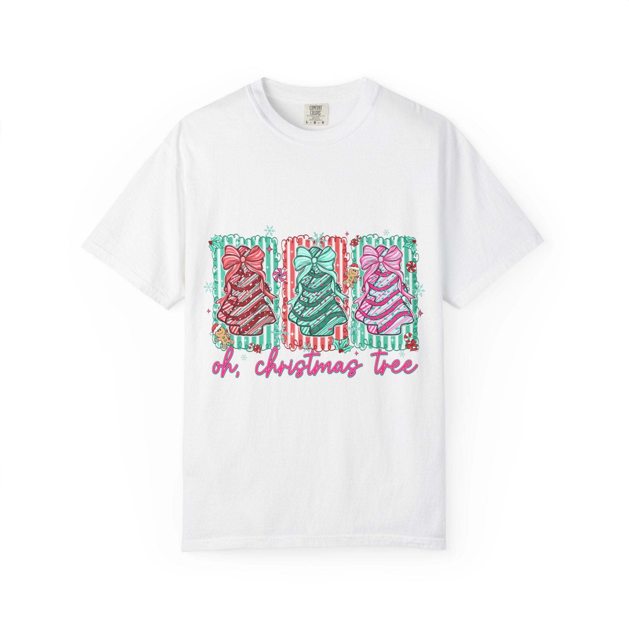 White garment-dyed Oh Christmas Tree T-shirt with colorful festive Christmas tree design and text