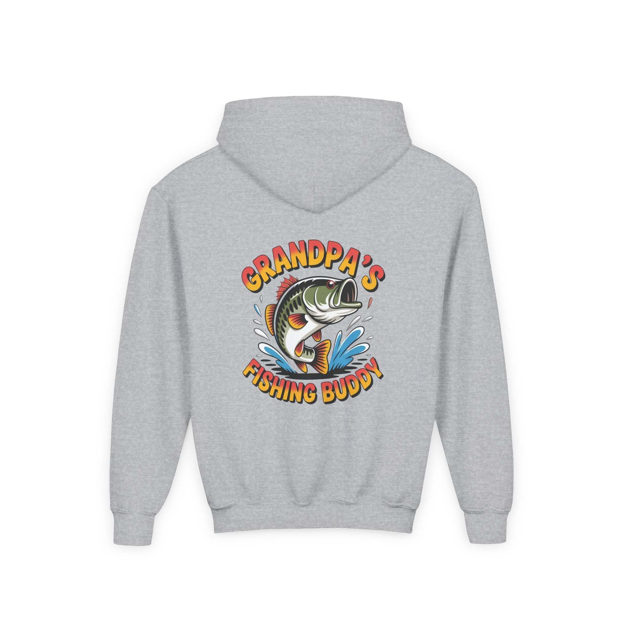 Youth hooded sweatshirt with Grandpa's Fishing Buddy embroidered design, soft cotton blend, kangaroo pocket, durable for outdoor adventures.