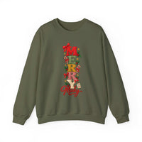 Military green Merry Mahj Christmas mahjong sweatshirt with colorful stacked lettering, red bows, candy canes, holly and a mahjong tile.