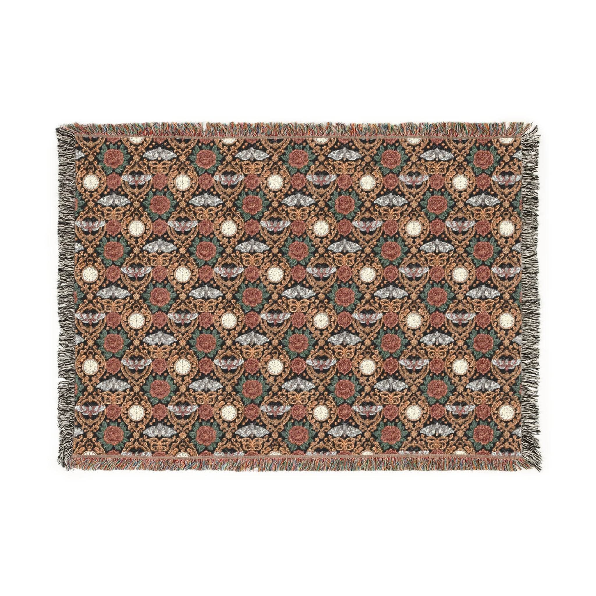 Victorian Gothmas Woven Blanket with gothic holiday design in deep blacks, faded crimson, and muted holly greens