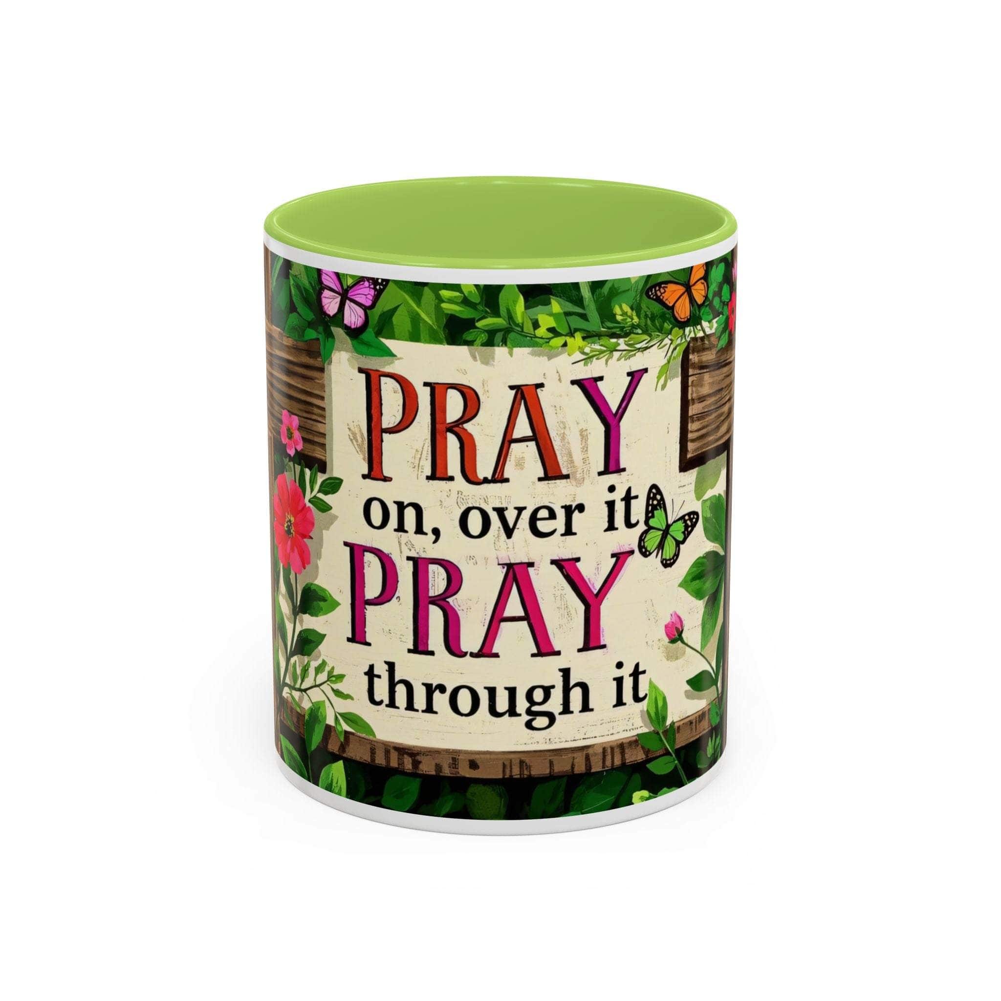 Mug with floral design and motivational quote on a white background