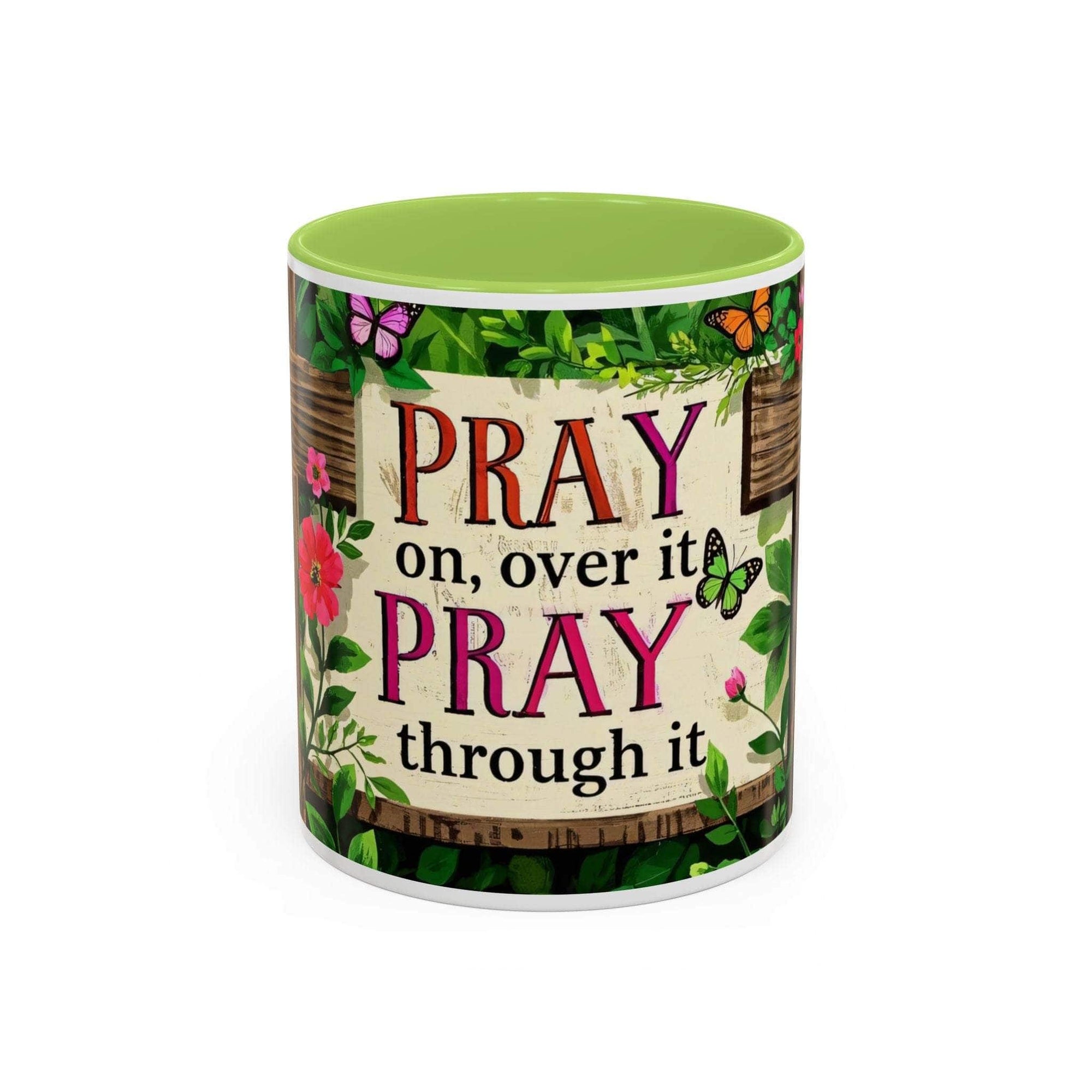Mug with floral design and motivational quote on a white background