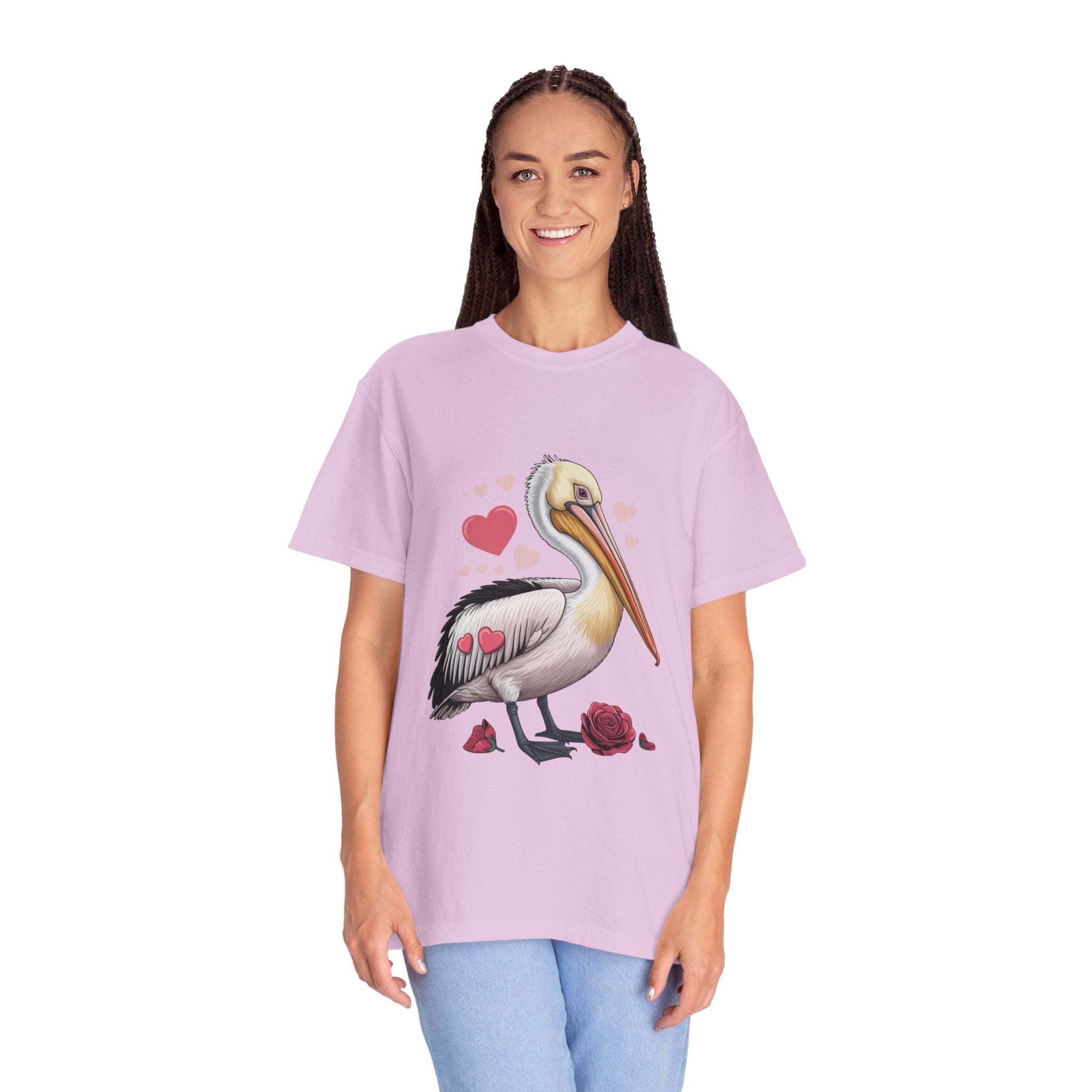 Valentine Pelican Hearts T-Shirt with vintage coastal design and relaxed fit