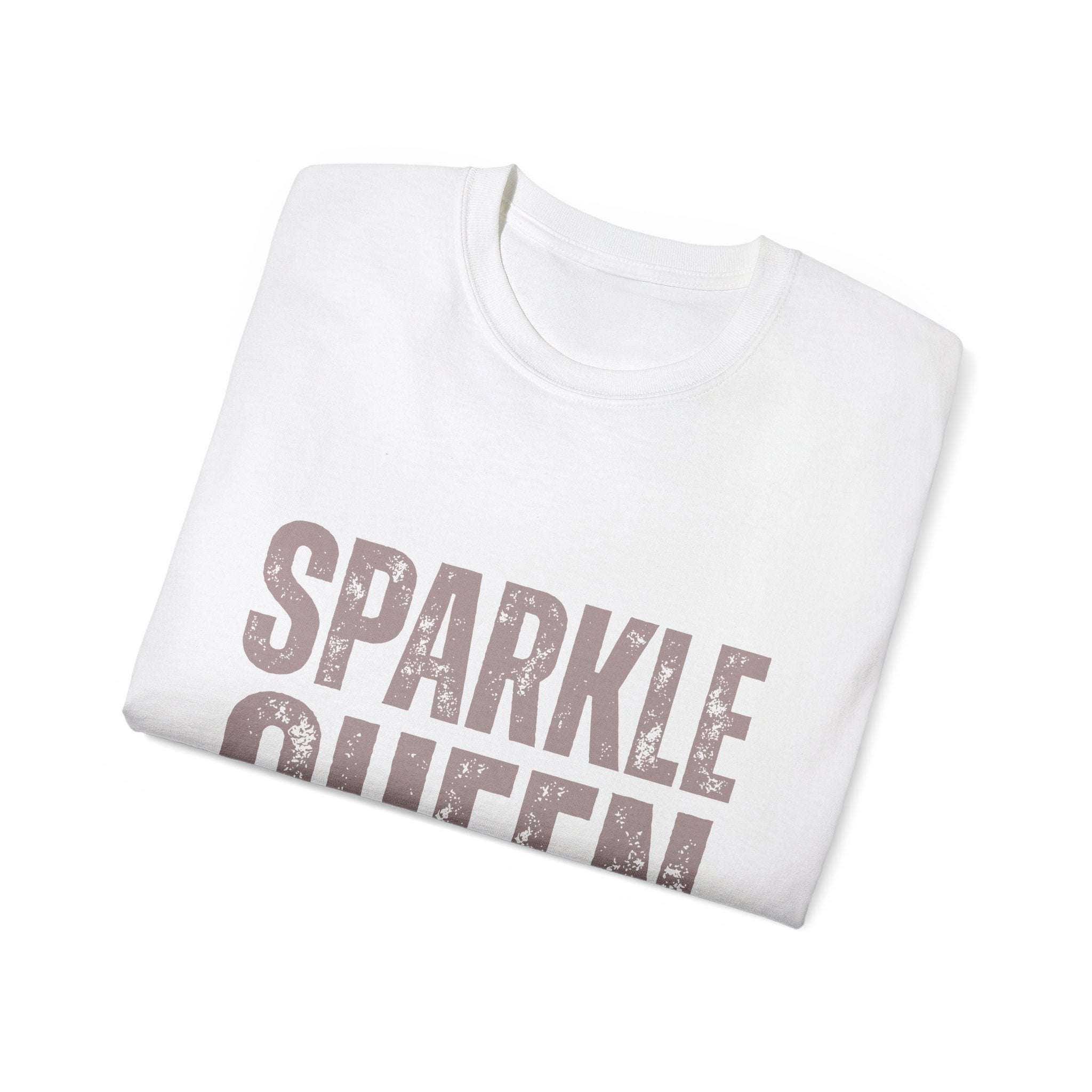 White folded Sparkle Queen T-Shirt with distressed graphic text for fashionistas