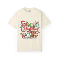 Red garment-dyed t-shirt with 'Family Christmas 2025' design by Printify, suitable for holiday festivities