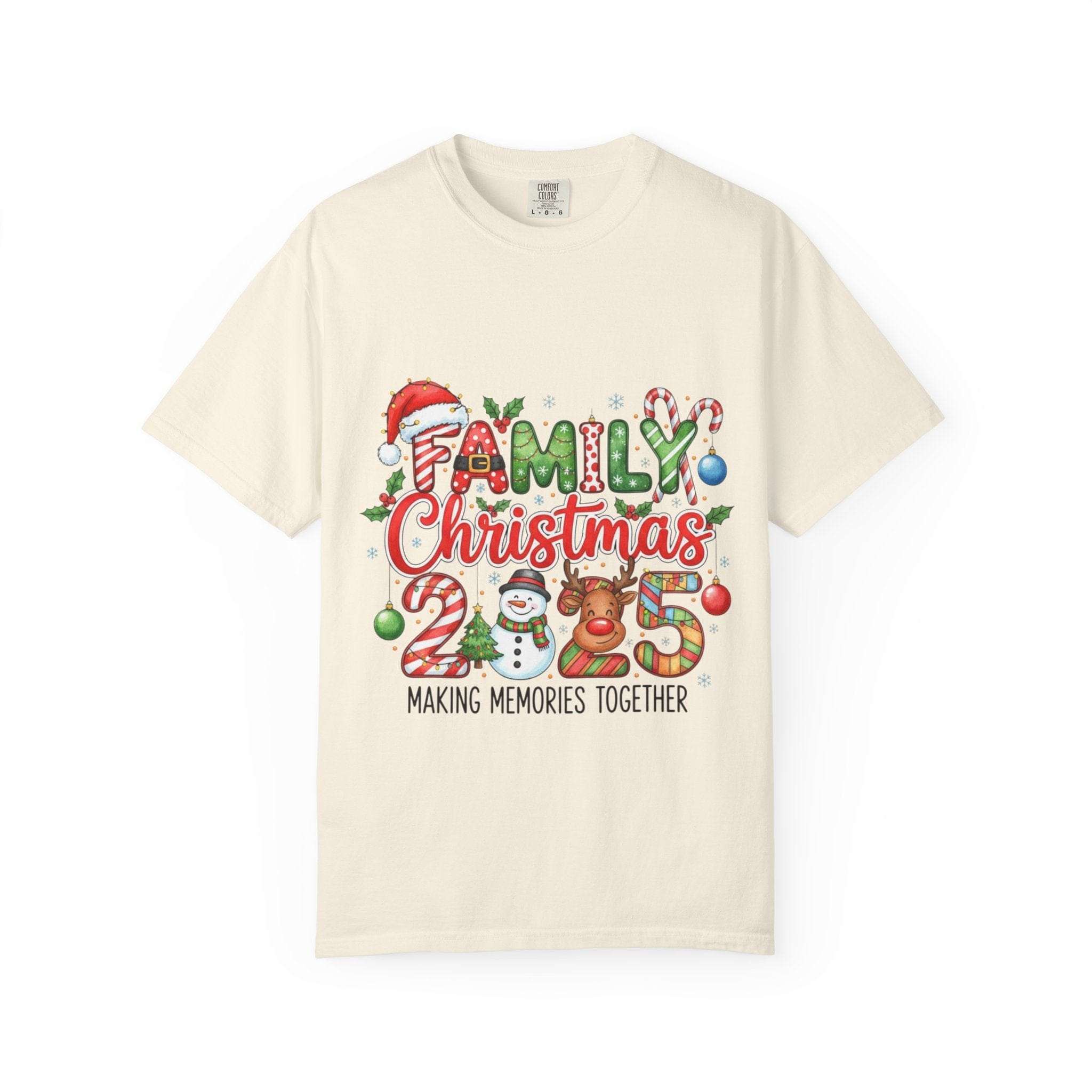 Red garment-dyed t-shirt with 'Family Christmas 2025' design by Printify, suitable for holiday festivities