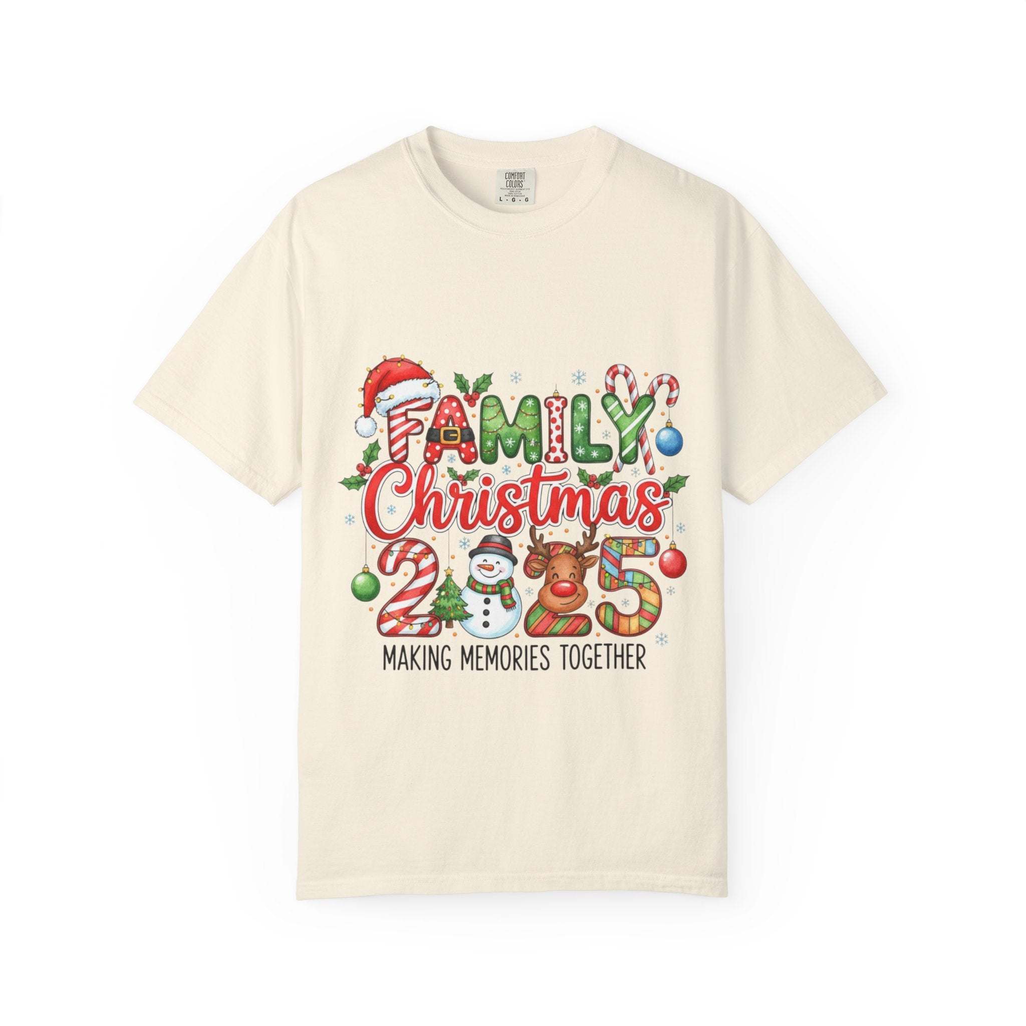 Cream Family Christmas 2025 T-shirt with festive holiday design including Santa hat, snowman, reindeer, and candy cane accents