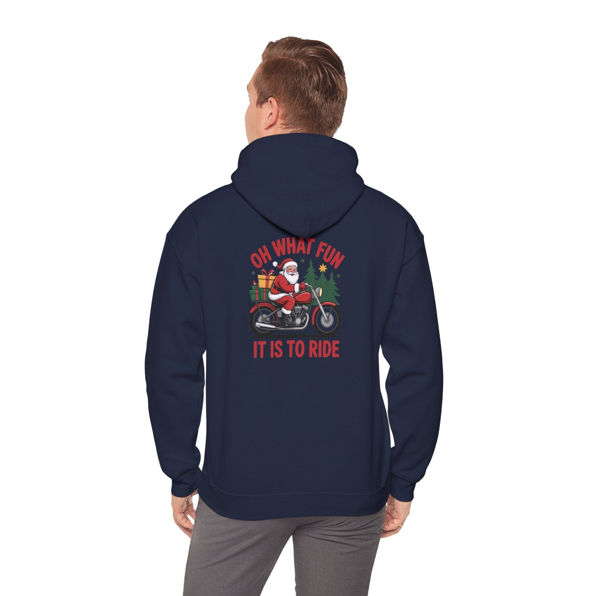 Navy Santa Motorcycle Hoodie with festive Santa riding a motorcycle and "Oh What Fun It Is To Ride" text on back