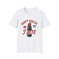 Light blue unisex t-shirt with 'Don’t Touch I Bite' slogan, edgy bratcore style by Printify