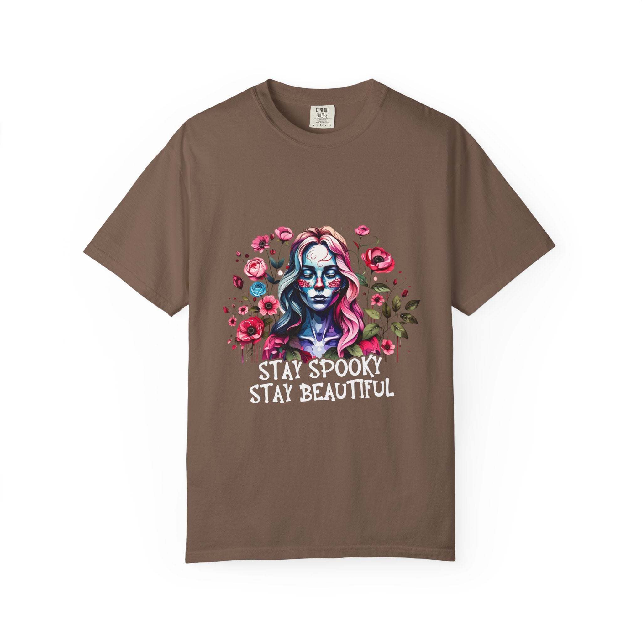 brown t-shirt with elegant floral skeleton print and stay spooky stay beautiful text