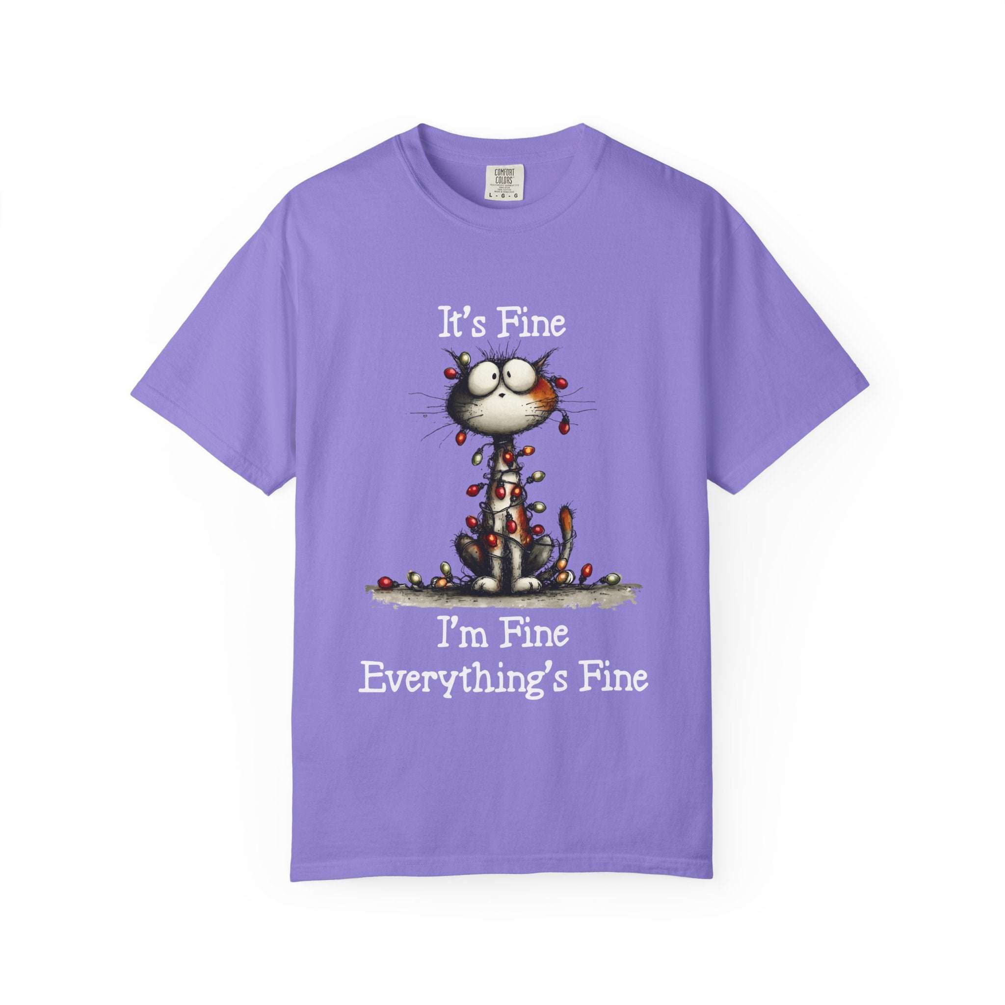 Purple cat t-shirt with cartoon cat and "It's Fine, I'm Fine, Everything's Fine" text design