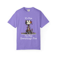 Purple cat t-shirt with cartoon cat and "It's Fine, I'm Fine, Everything's Fine" text design