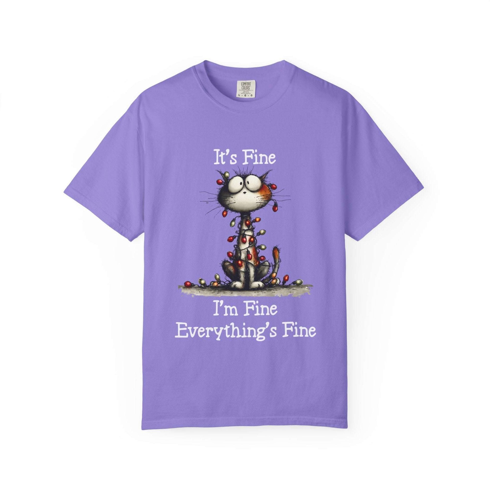 Purple cat t-shirt with cartoon cat and "It's Fine, I'm Fine, Everything's Fine" text design