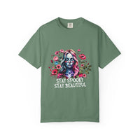 green floral skeleton t-shirt with spooky lady and "Stay Spooky Stay Beautiful" text, unisex soft cotton tee