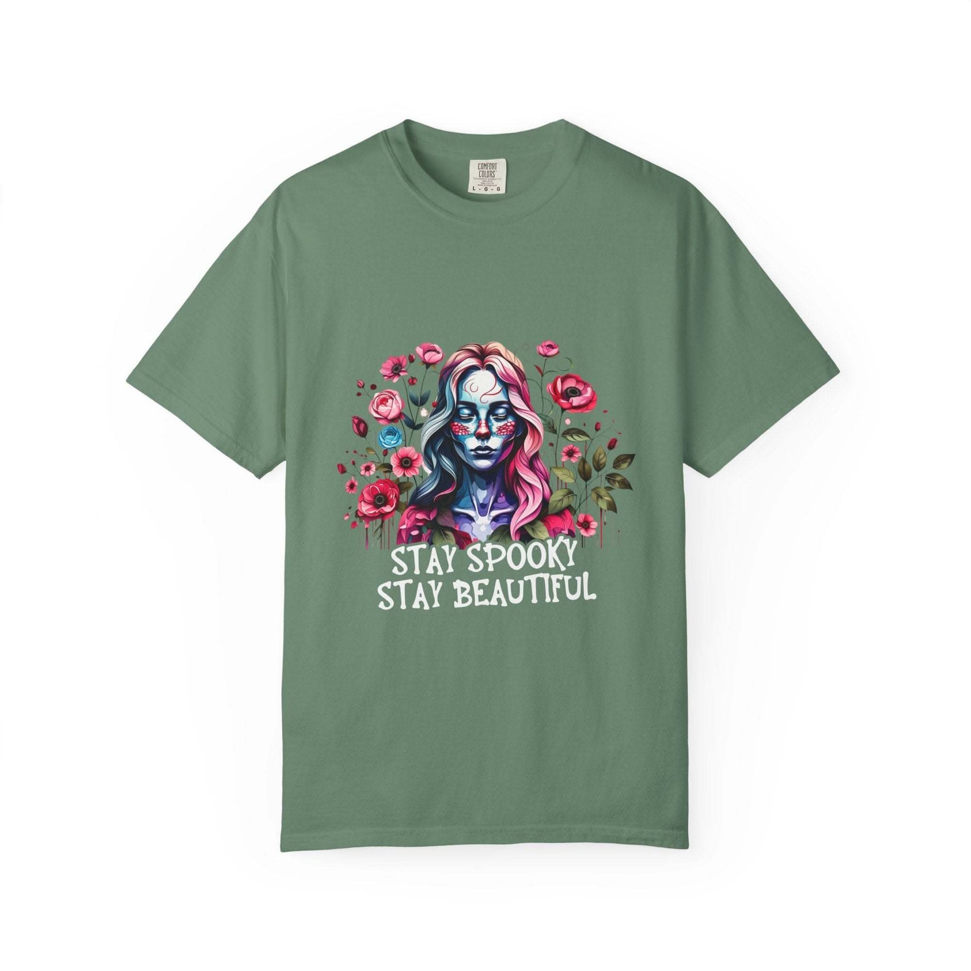 green floral skeleton t-shirt with spooky lady and "Stay Spooky Stay Beautiful" text, unisex soft cotton tee