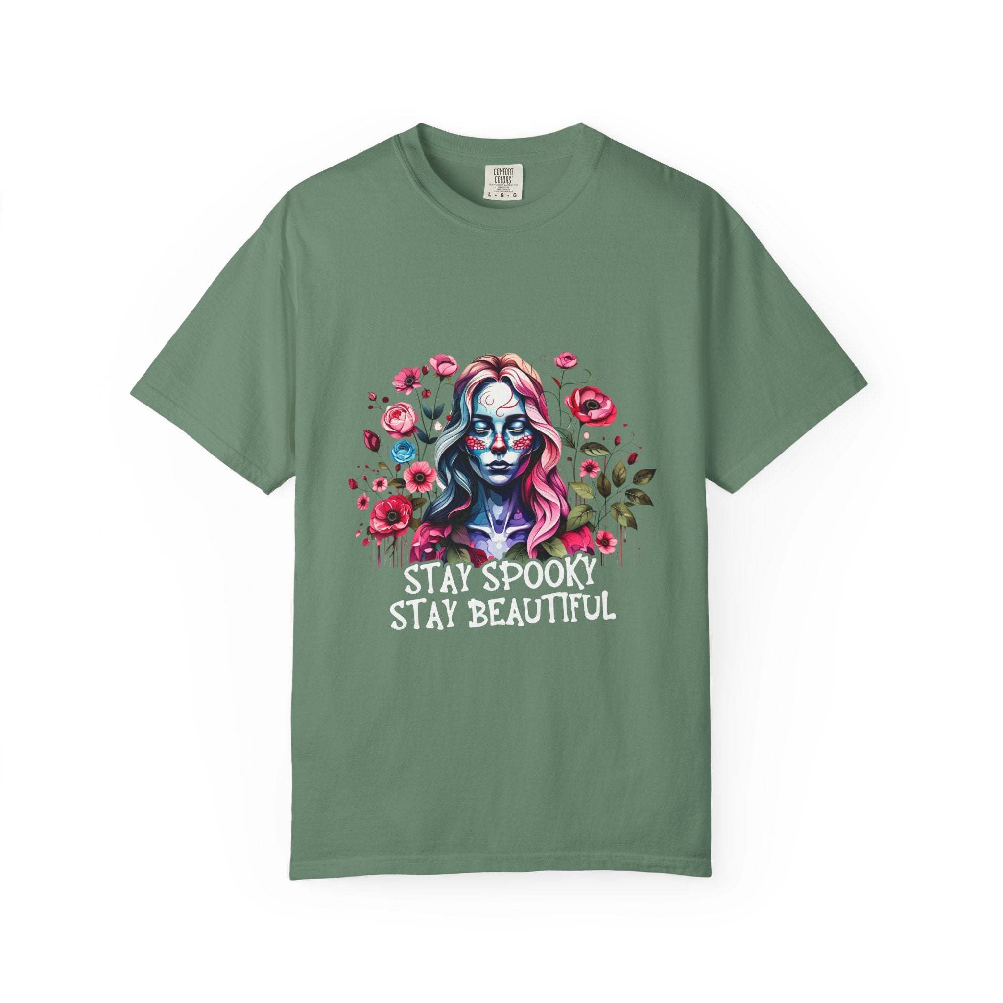 green floral skeleton t-shirt with spooky lady and "Stay Spooky Stay Beautiful" text, unisex soft cotton tee